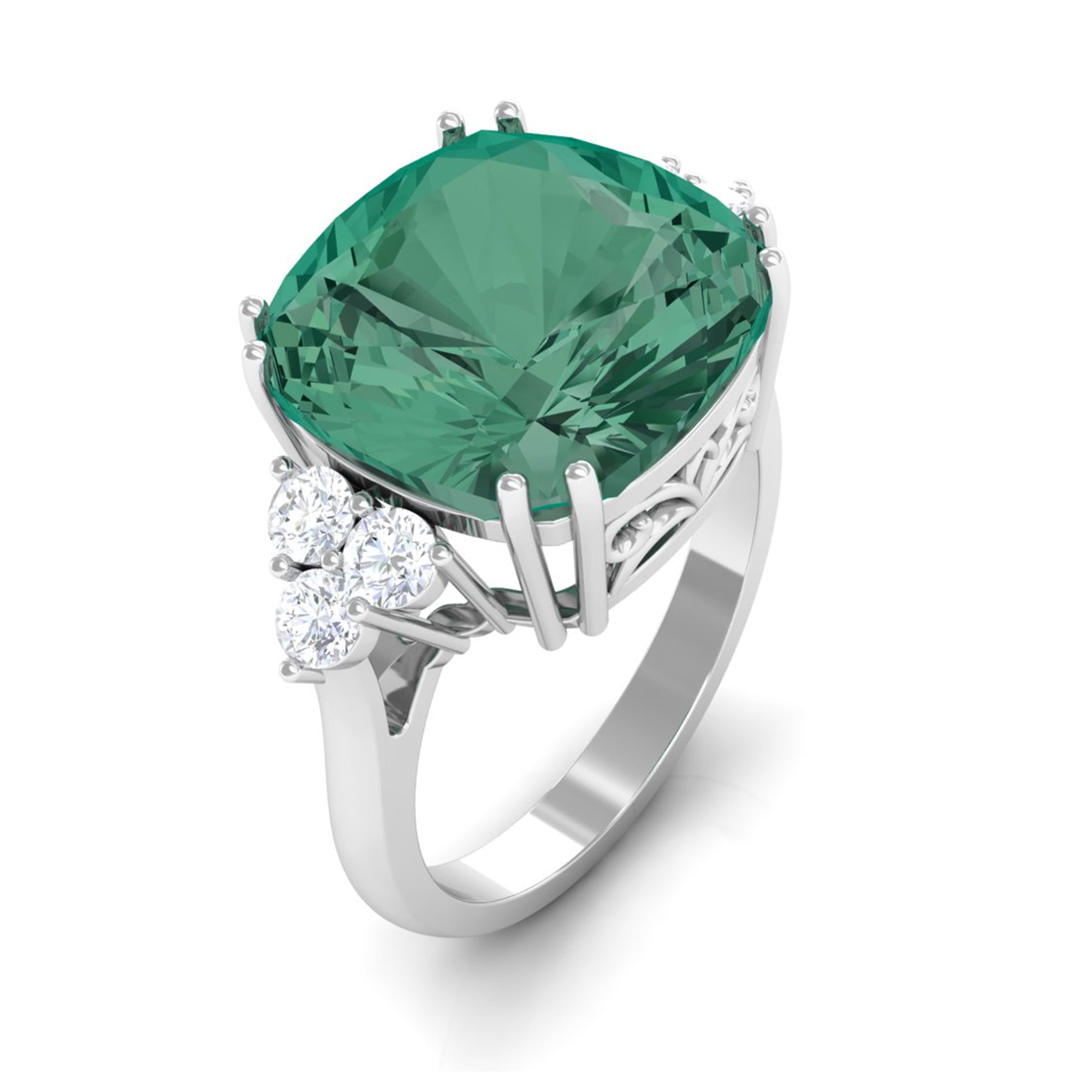 Created Green Sapphire Solitaire Engagement Ring with Moissanite Trio Lab Created Green Sapphire - ( AAAA ) - Quality - Rosec Jewels