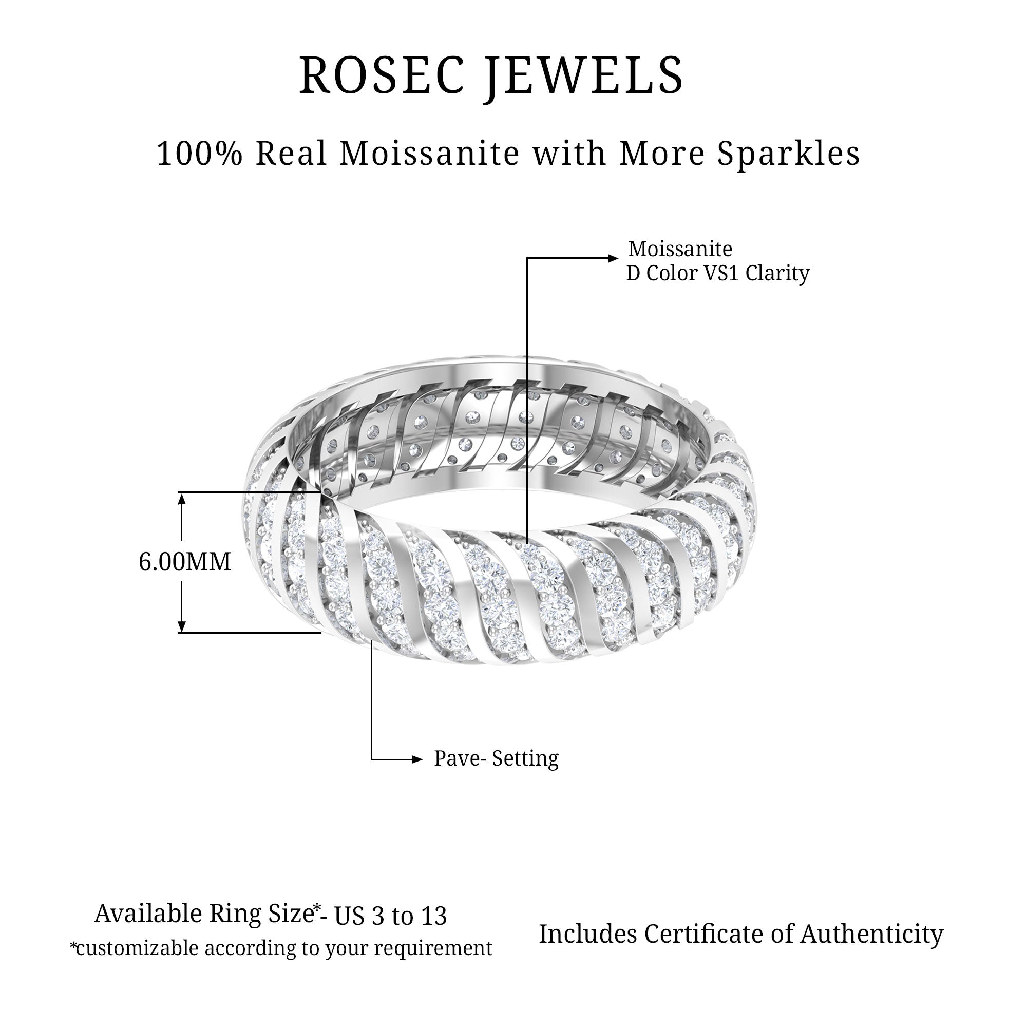 Classic Moissanite Gold Wedding Band for Women - Rosec Jewels