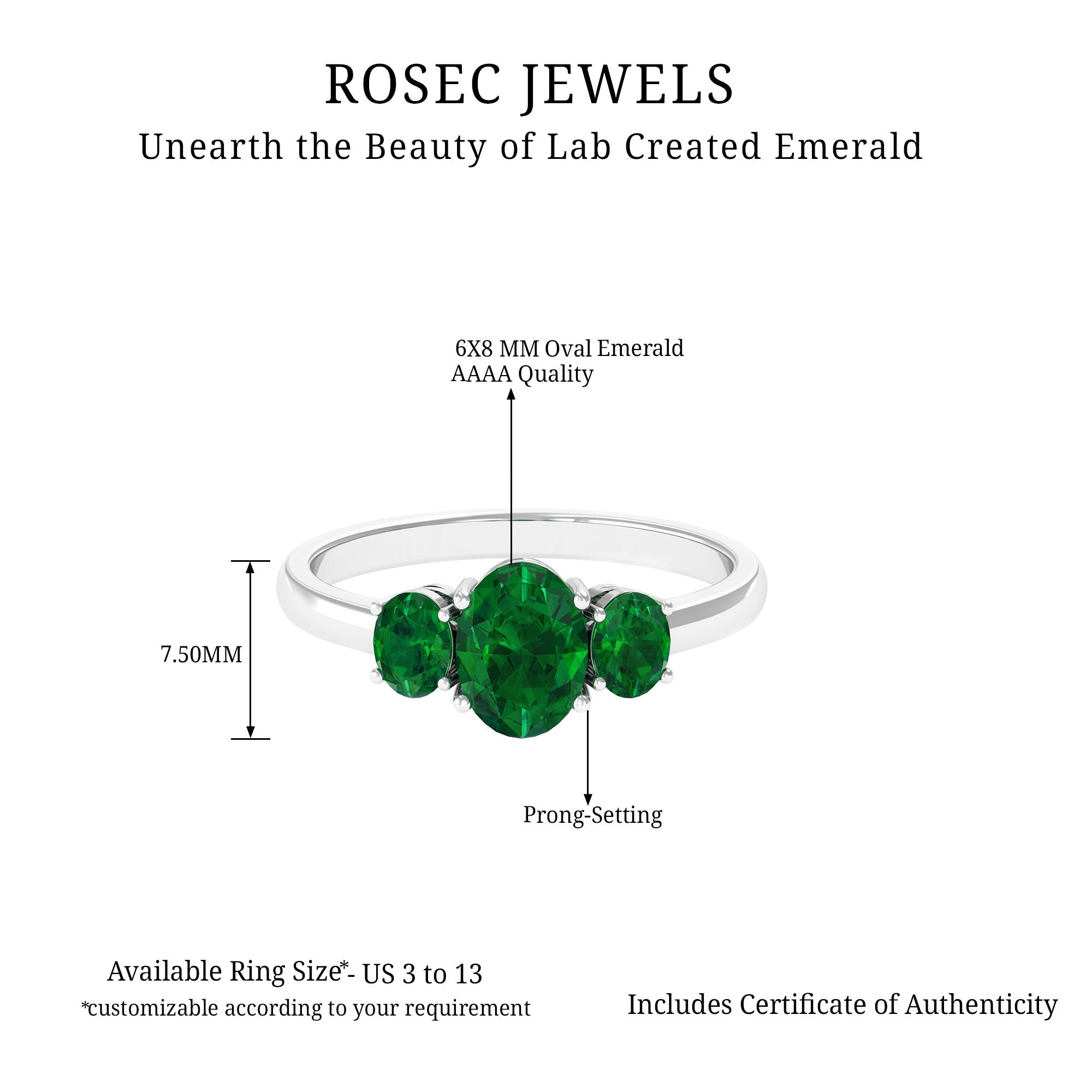 Oval Shape Lab Grown Emerald Three Stone Engagement Ring Lab Created Emerald - ( AAAA ) - Quality - Rosec Jewels