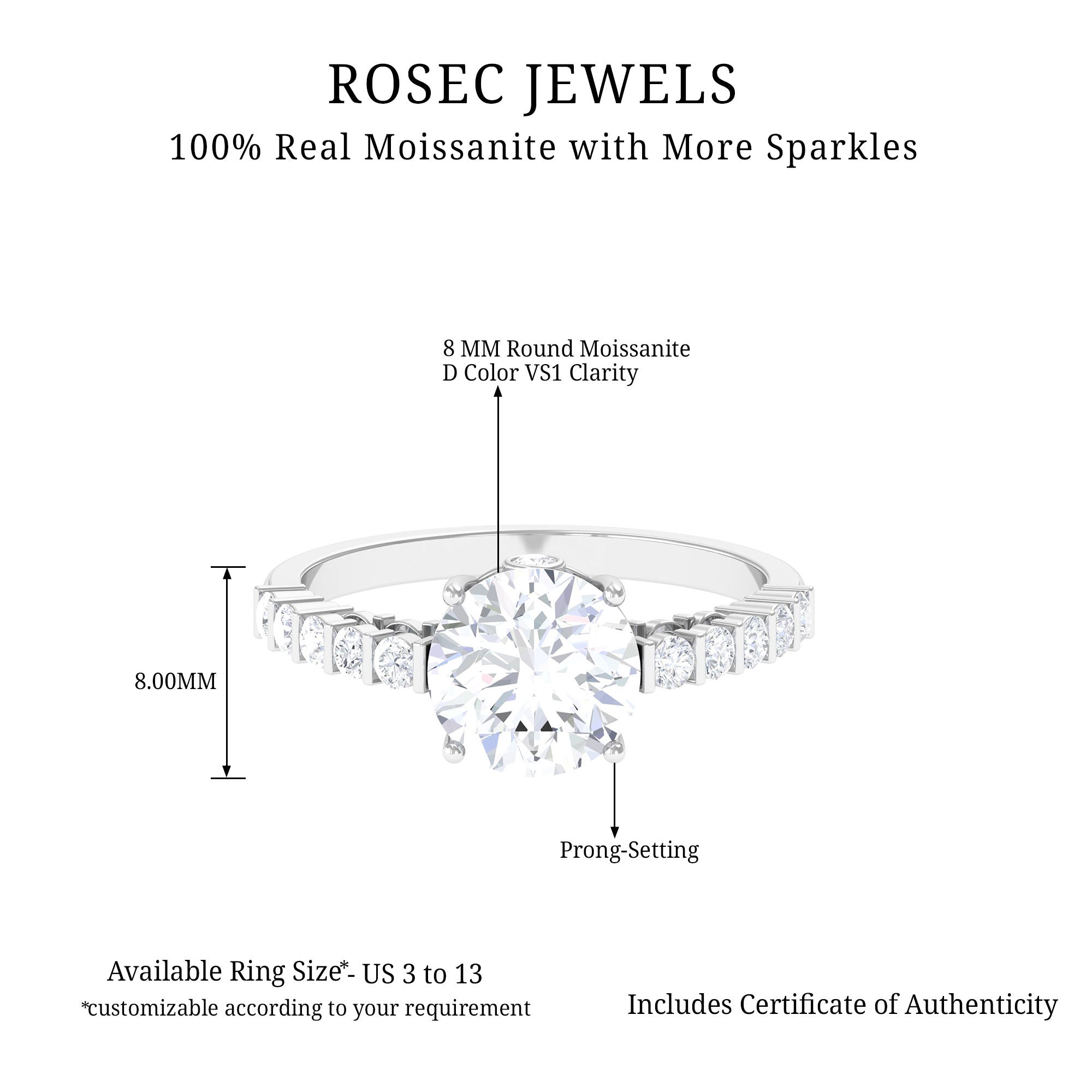 Solitaire Moissanite Engagement Ring with Side Stones Moissanite - ( D-VS1 ) - Color and Clarity - Rosec Jewels