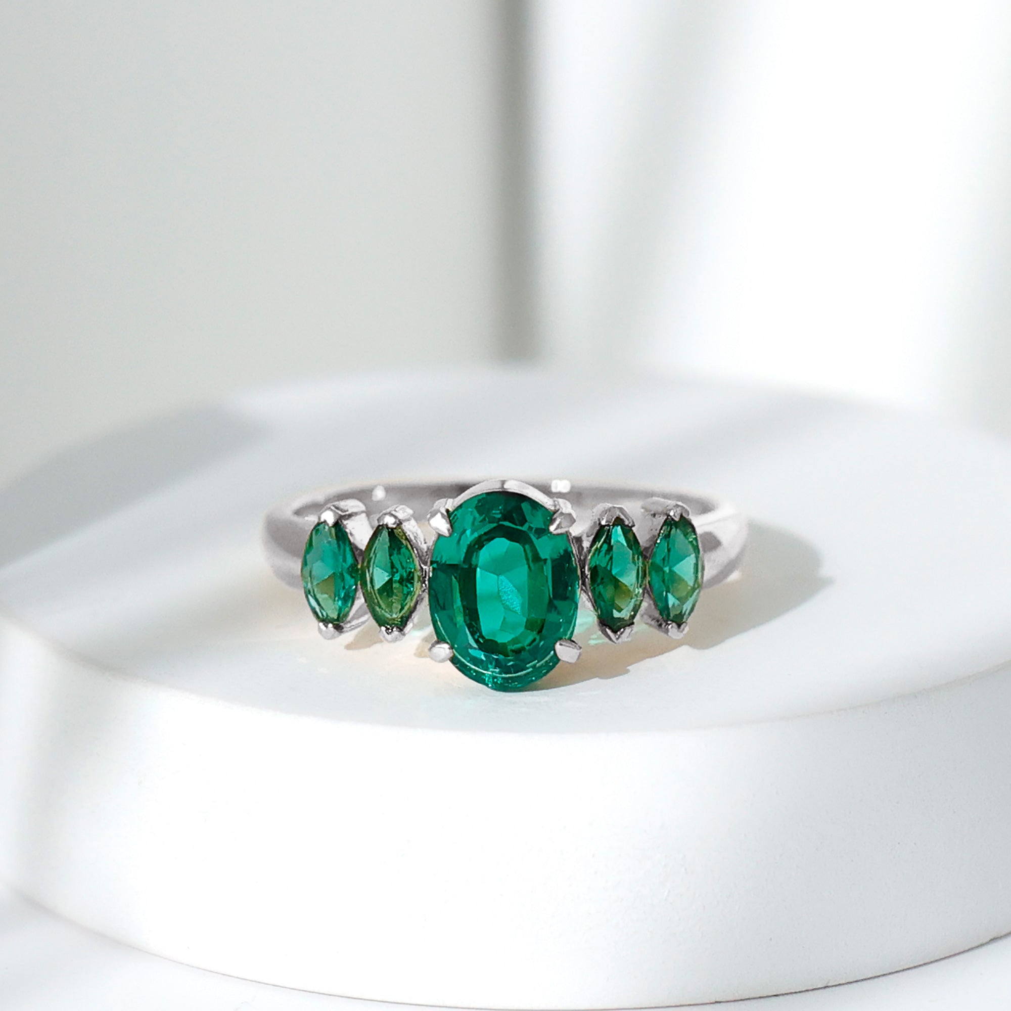 2 CT Oval and Marquise Cut Created Emerald Five Stone Ring Lab Created Emerald - ( AAAA ) - Quality - Rosec Jewels