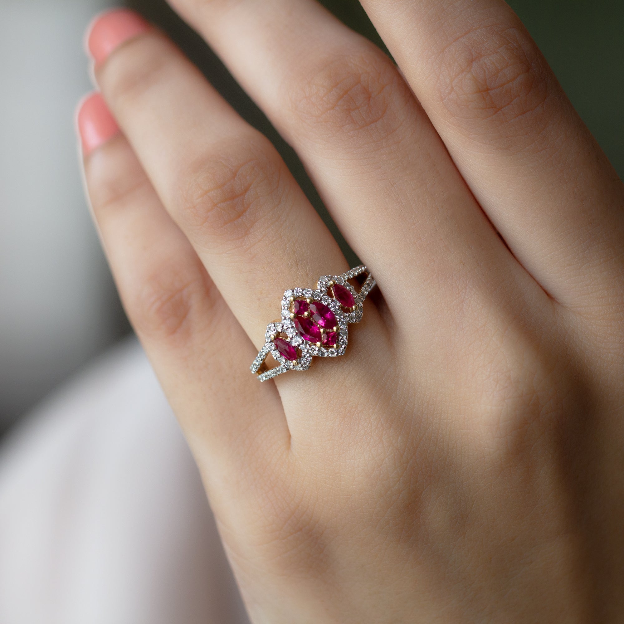 Split Shank Lab Grown Ruby and Diamond Cluster Engagement Ring Lab Created Ruby - ( AAAA ) - Quality - Rosec Jewels