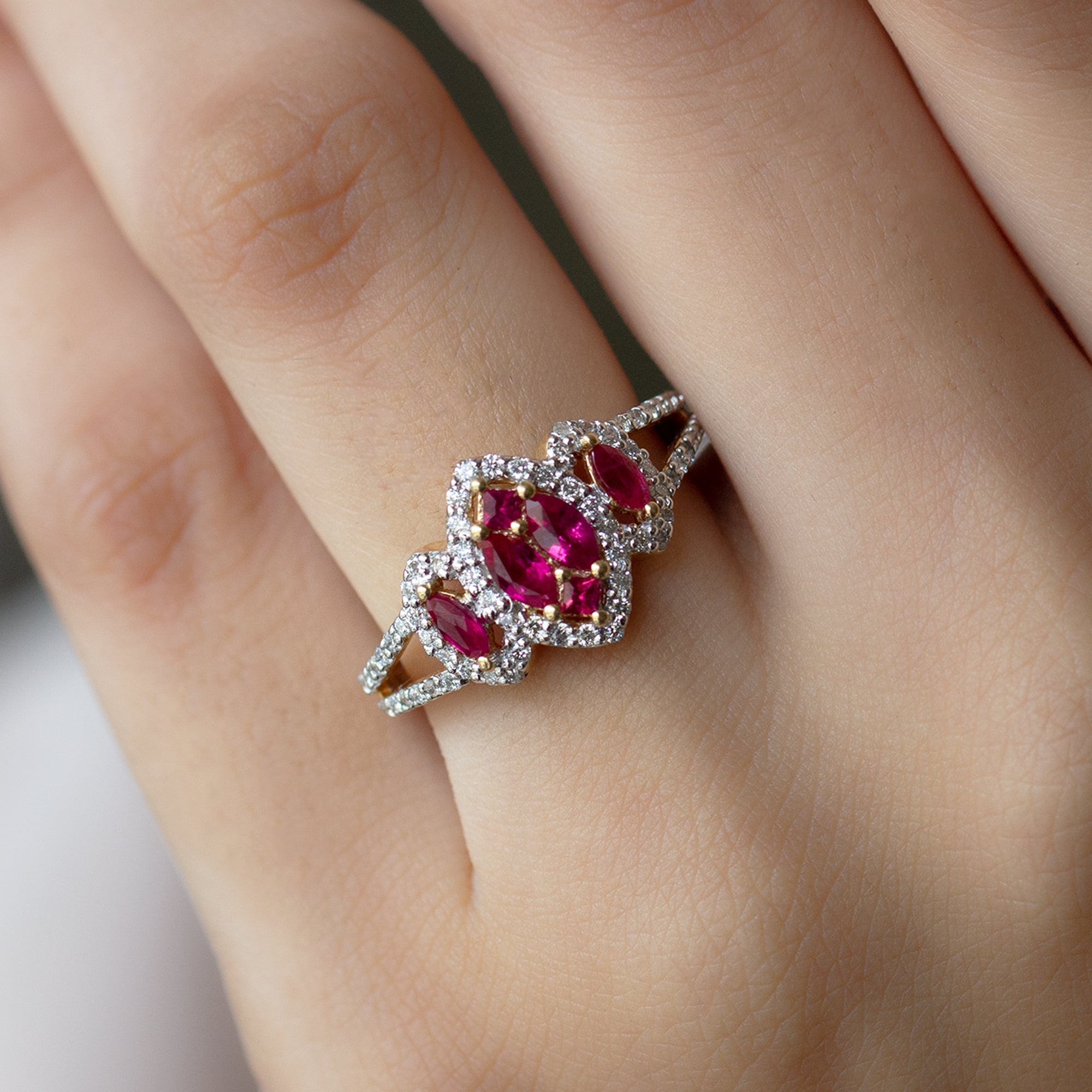 Split Shank Lab Grown Ruby and Diamond Cluster Engagement Ring Lab Created Ruby - ( AAAA ) - Quality - Rosec Jewels