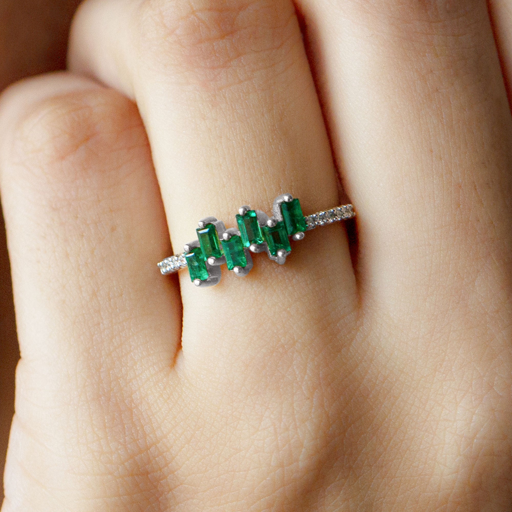 0.50 CT Baguette shape Emerald Promise Ring with Diamond Side Stones Emerald - ( AAA ) - Quality - Rosec Jewels