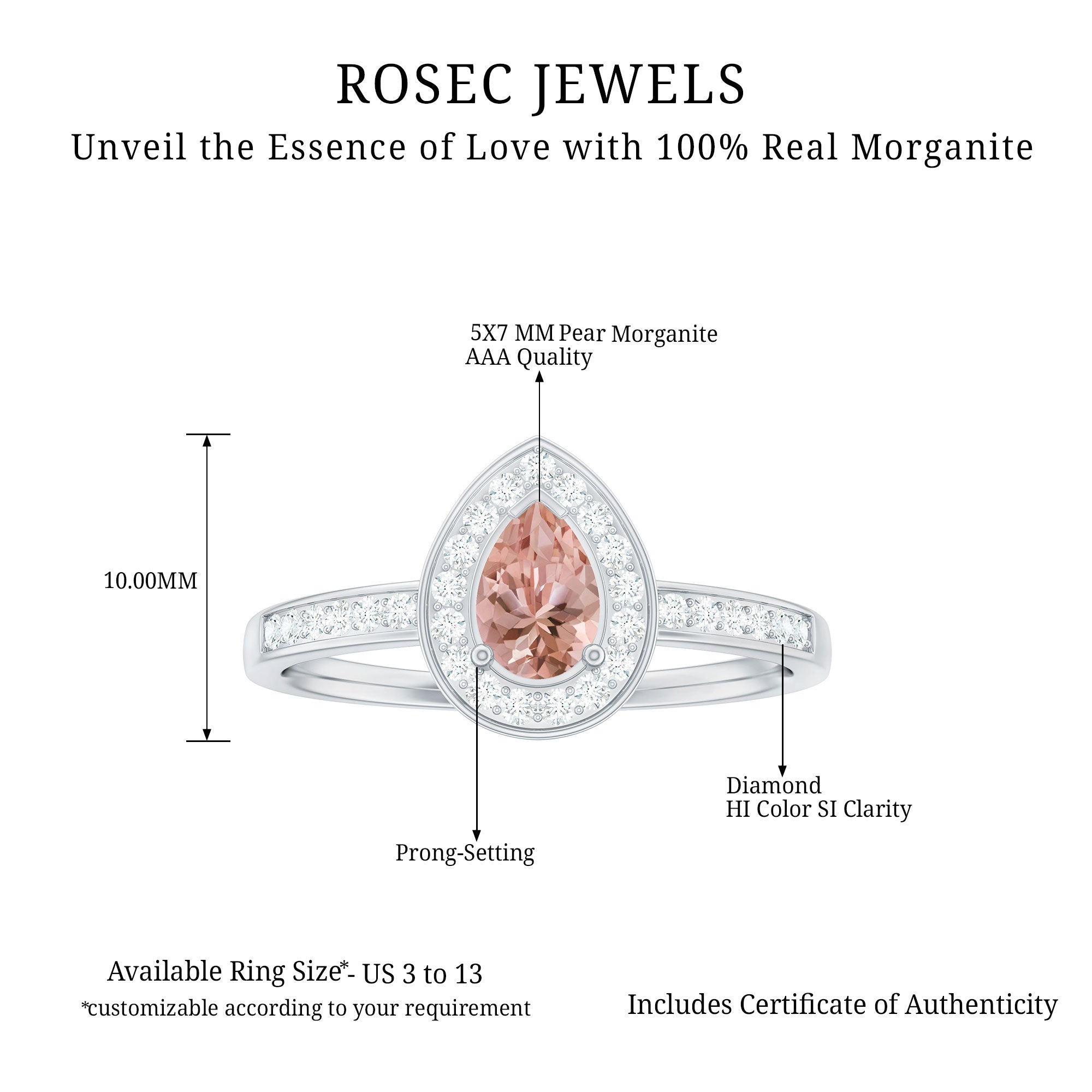 Pear Cut Morganite Classic Engagement Ring with Diamond Accent Morganite - ( AAA ) - Quality - Rosec Jewels