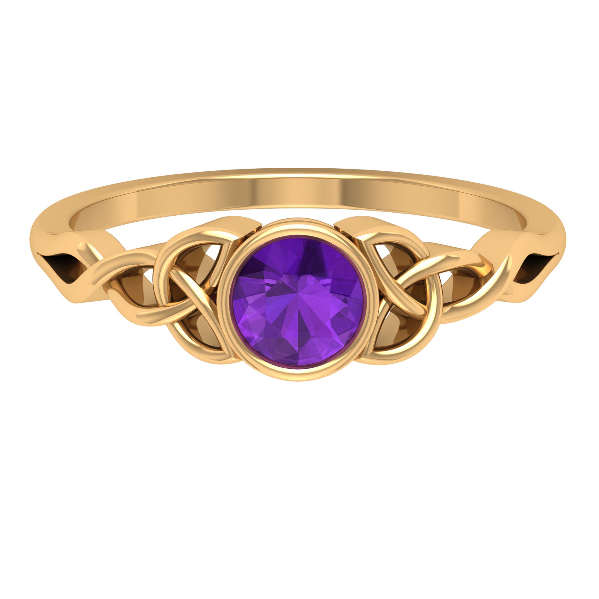 Bezel Set Round Shape Amethyst Solitaire Ring with Celtic Knot Amethyst - ( AAA ) - Quality - Rosec Jewels