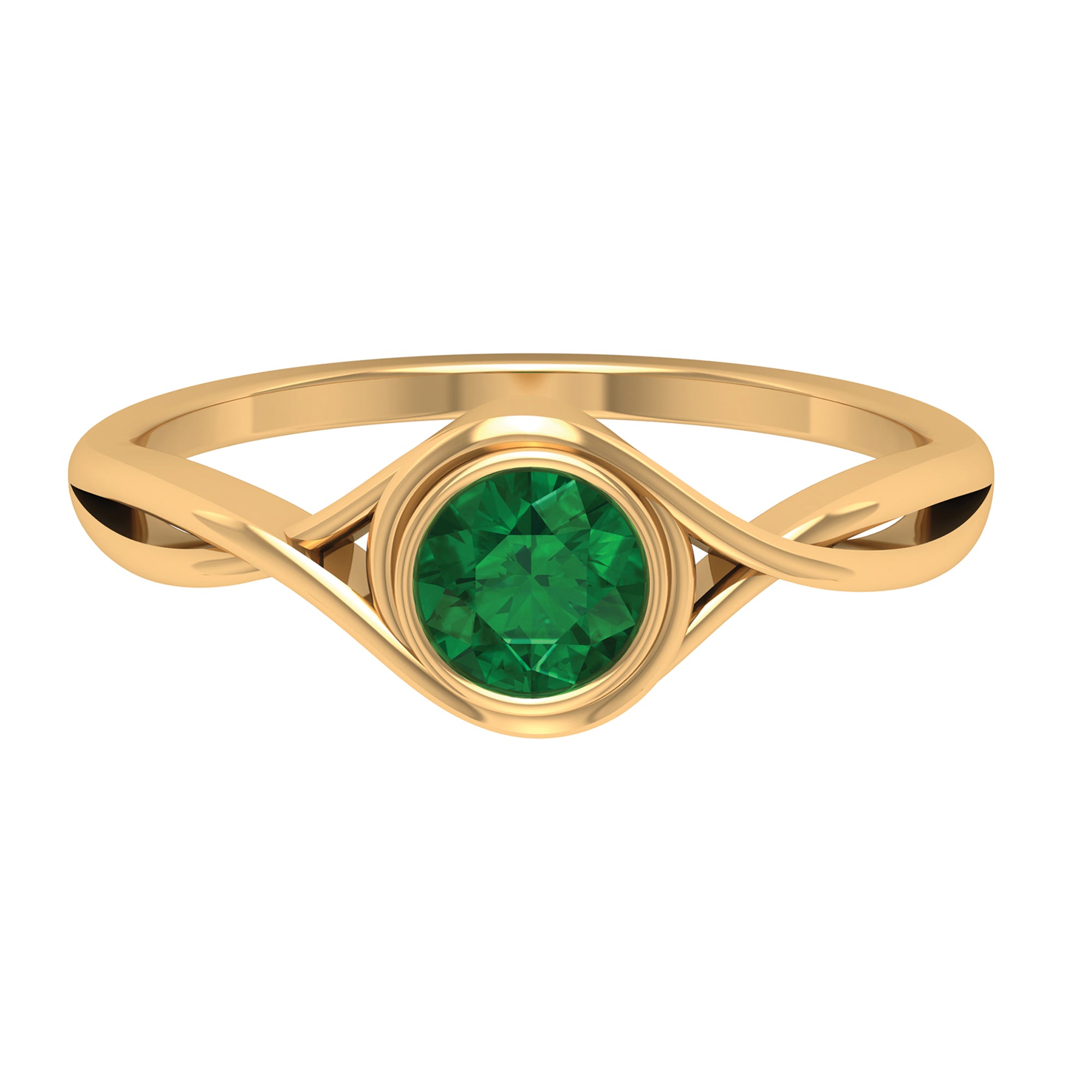 5 MM Round Cut Solitaire Emerald Ring in Bezel Setting with Crossover Shank Emerald - ( AAA ) - Quality - Rosec Jewels