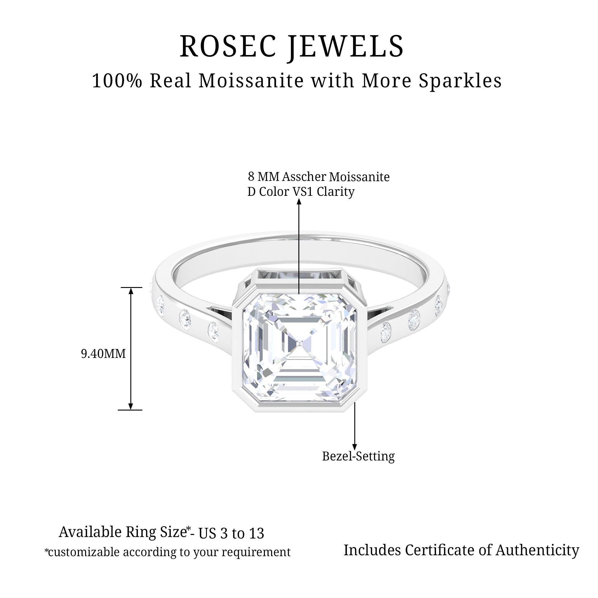 7 MM Asscher Cut Moissanite Solitaire Ring in Bezel Setting with Sleek Accent Moissanite - ( D-VS1 ) - Color and Clarity - Rosec Jewels