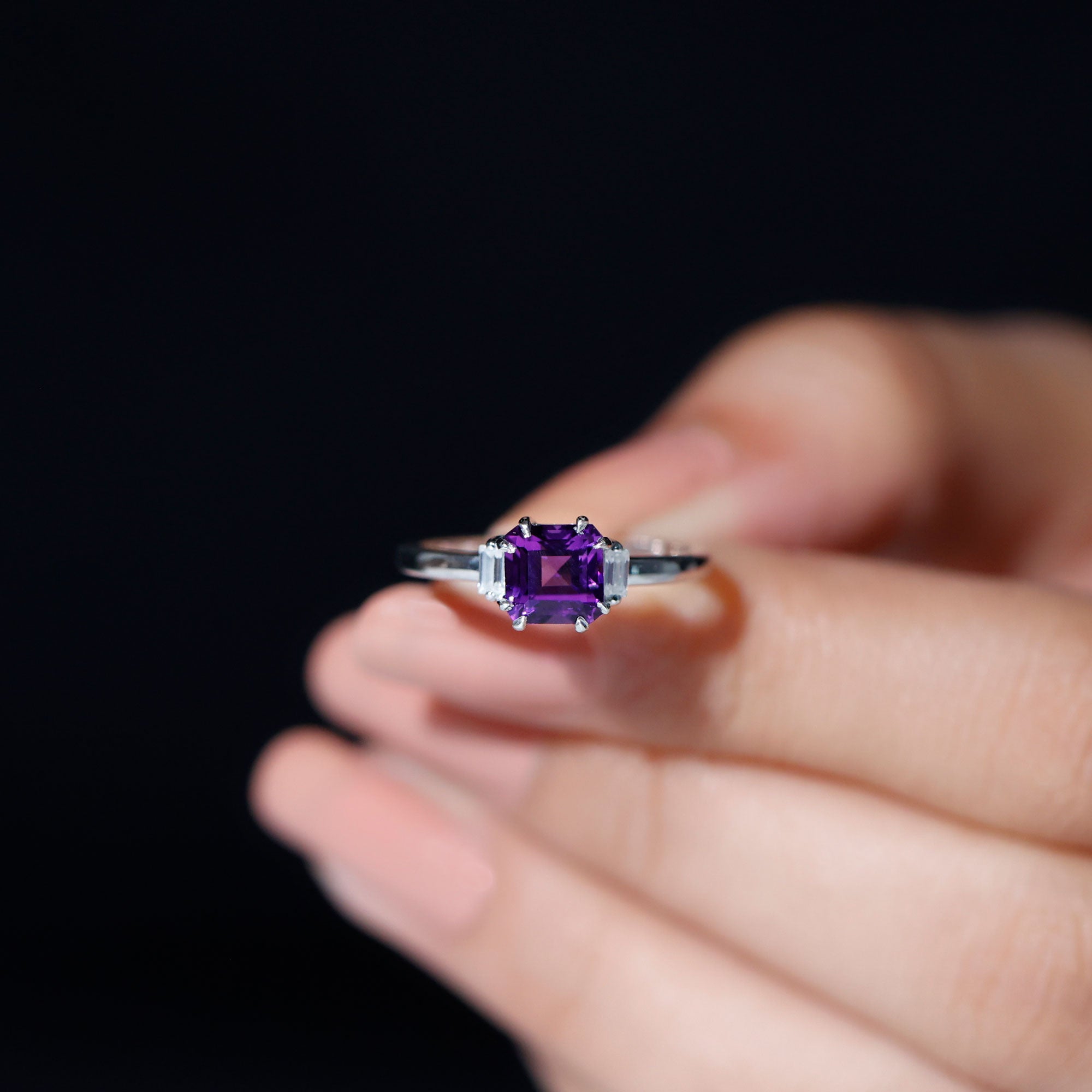 Claw Set Asscher Cut Amethyst Solitaire Ring with Diamond Amethyst - ( AAA ) - Quality - Rosec Jewels