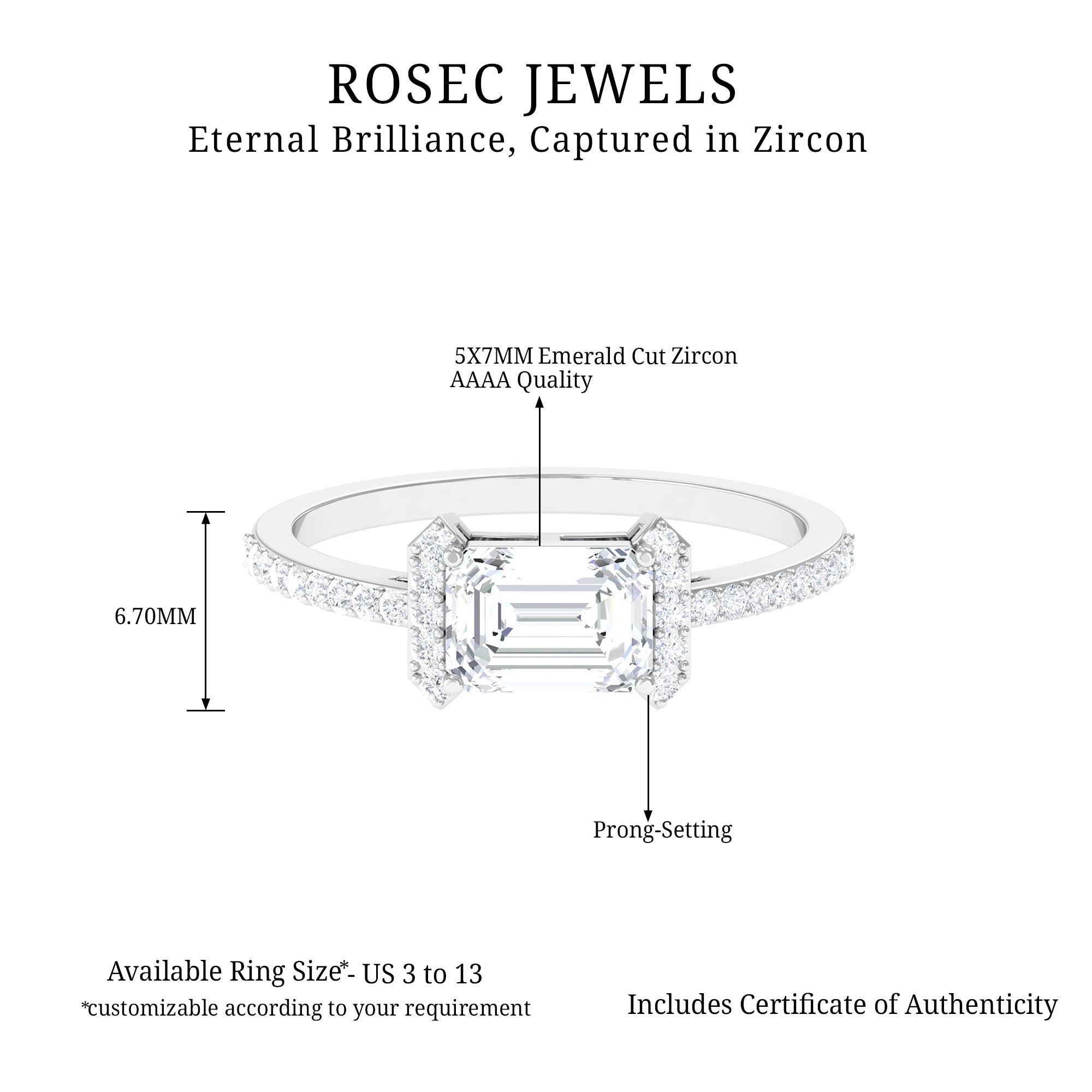 2 CT Octagon Cut Solitaire Zircon East West Engagement Ring Zircon - ( AAAA ) - Quality - Rosec Jewels