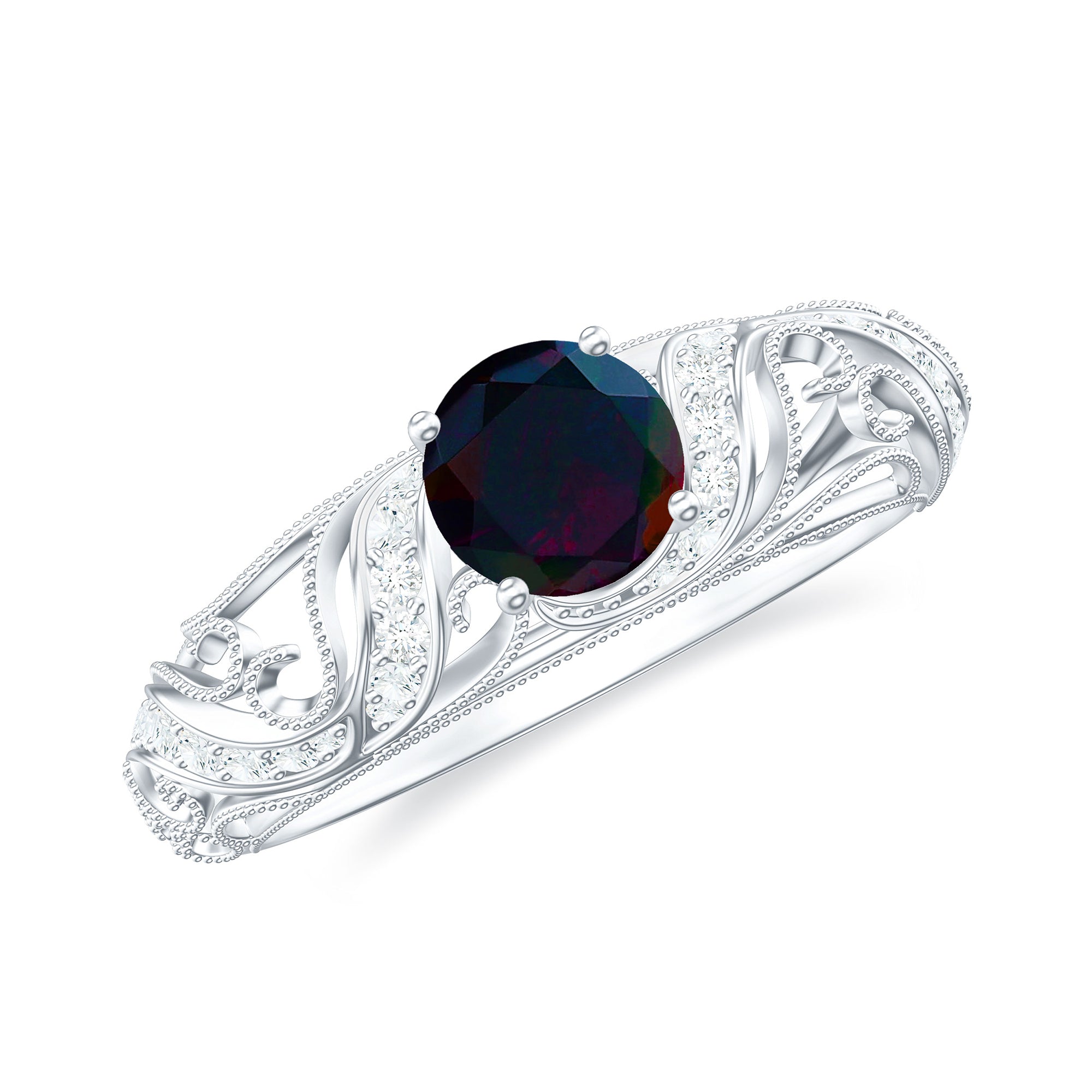 Natural Black Opal Vintage Inspired Engagement Ring Black Opal - ( AAA ) - Quality - Rosec Jewels