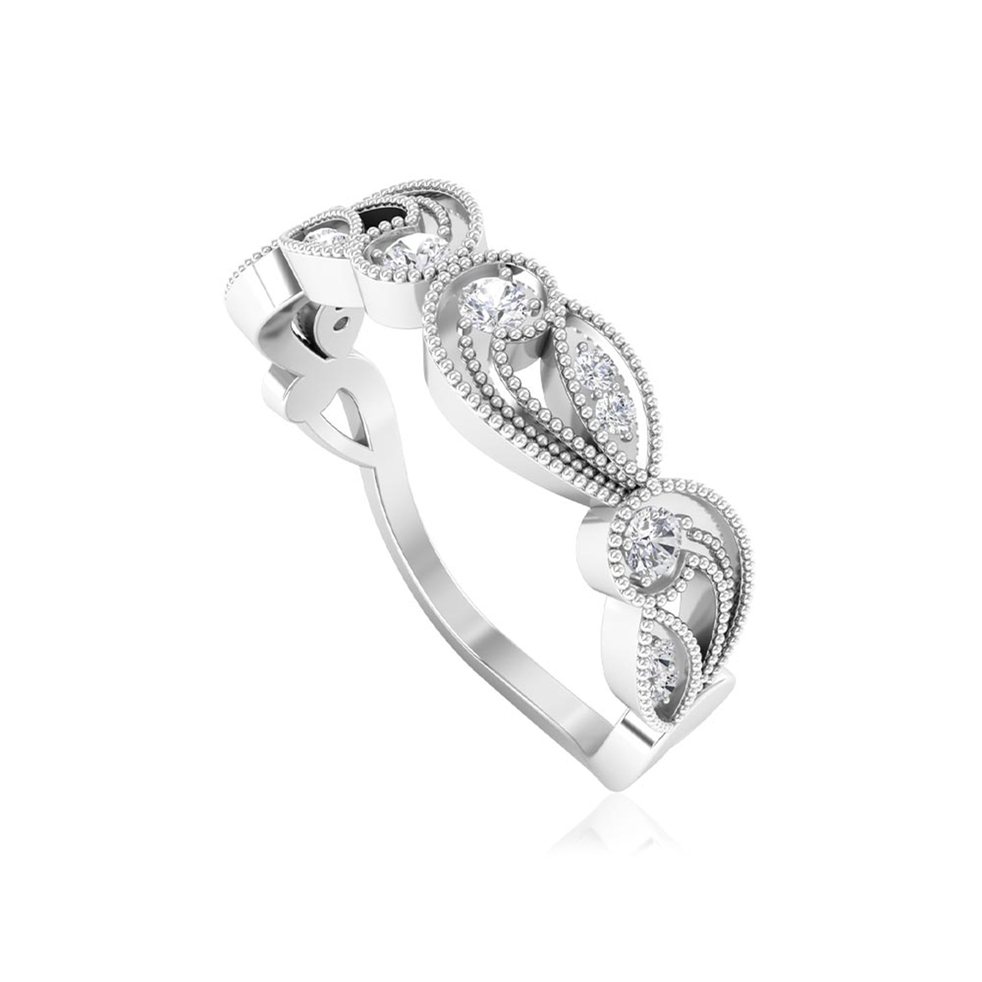 Diamond and Leaf Band Ring with Milgrain Details Diamond - ( HI-SI ) - Color and Clarity - Rosec Jewels