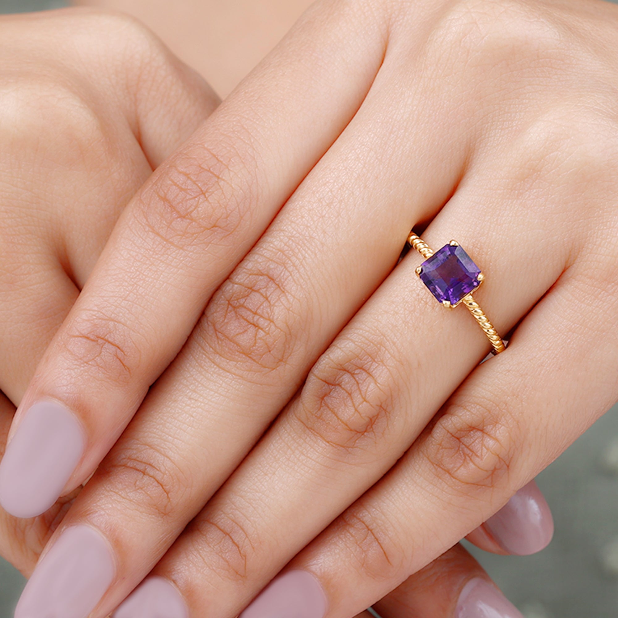 Asscher Cut Amethyst Solitaire Ring with Twisted Rope Details Amethyst - ( AAA ) - Quality - Rosec Jewels