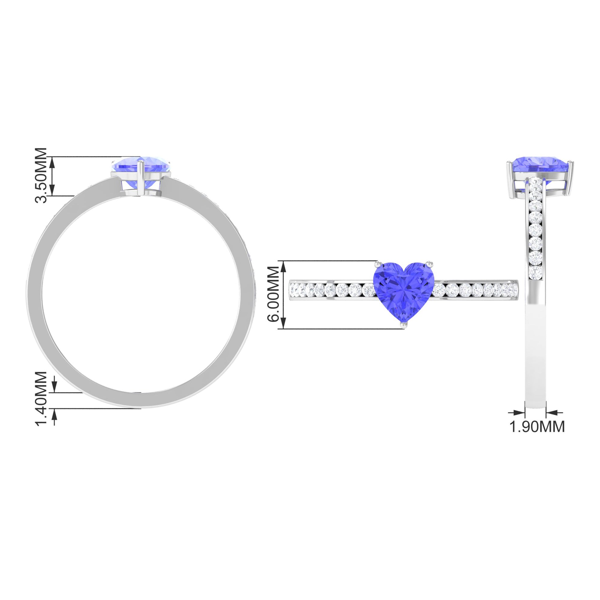 Heart Shape Tanzanite Solitaire Ring with Channel Set Diamond Tanzanite - ( AAA ) - Quality - Rosec Jewels