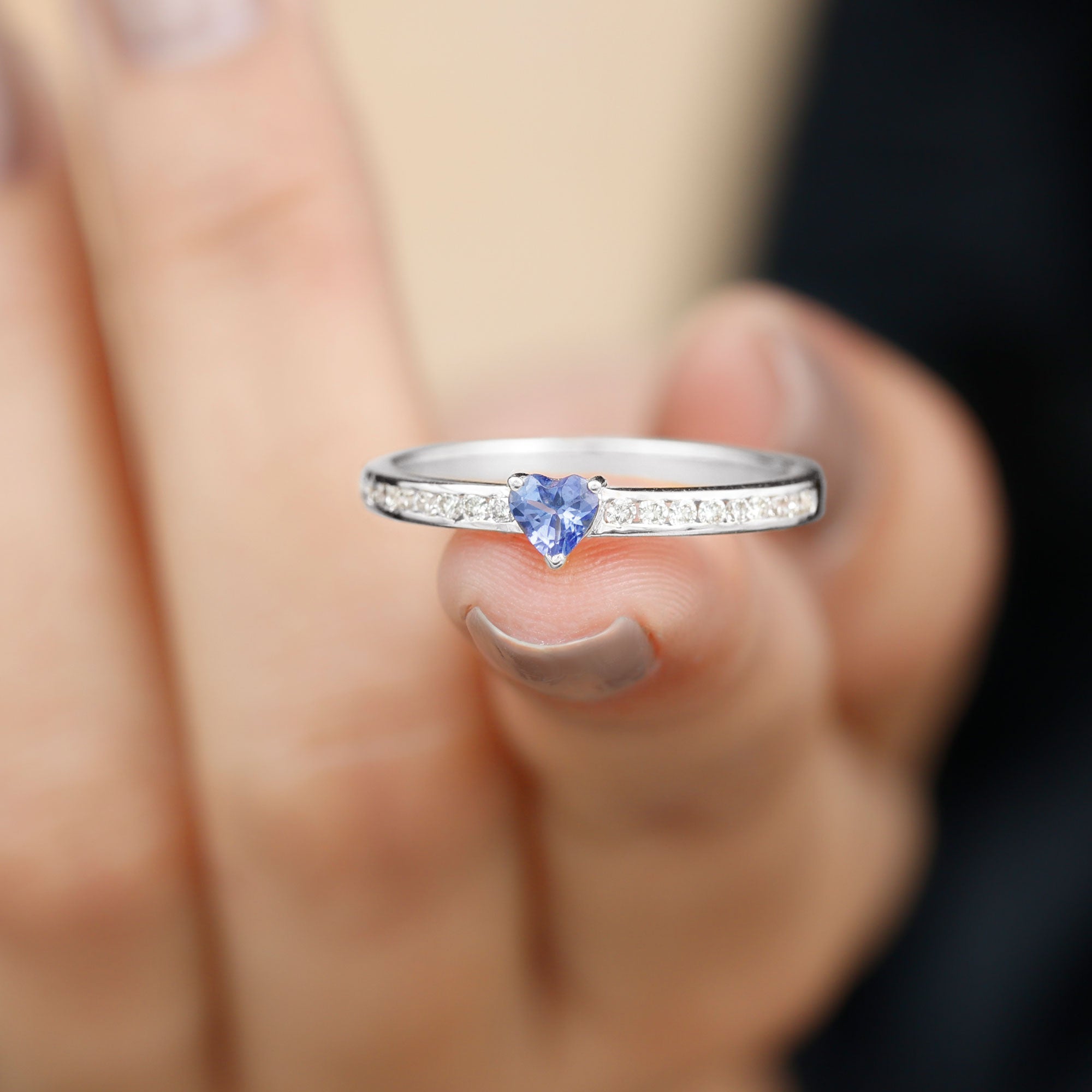 Heart Shape Tanzanite Solitaire Ring with Channel Set Diamond Tanzanite - ( AAA ) - Quality - Rosec Jewels