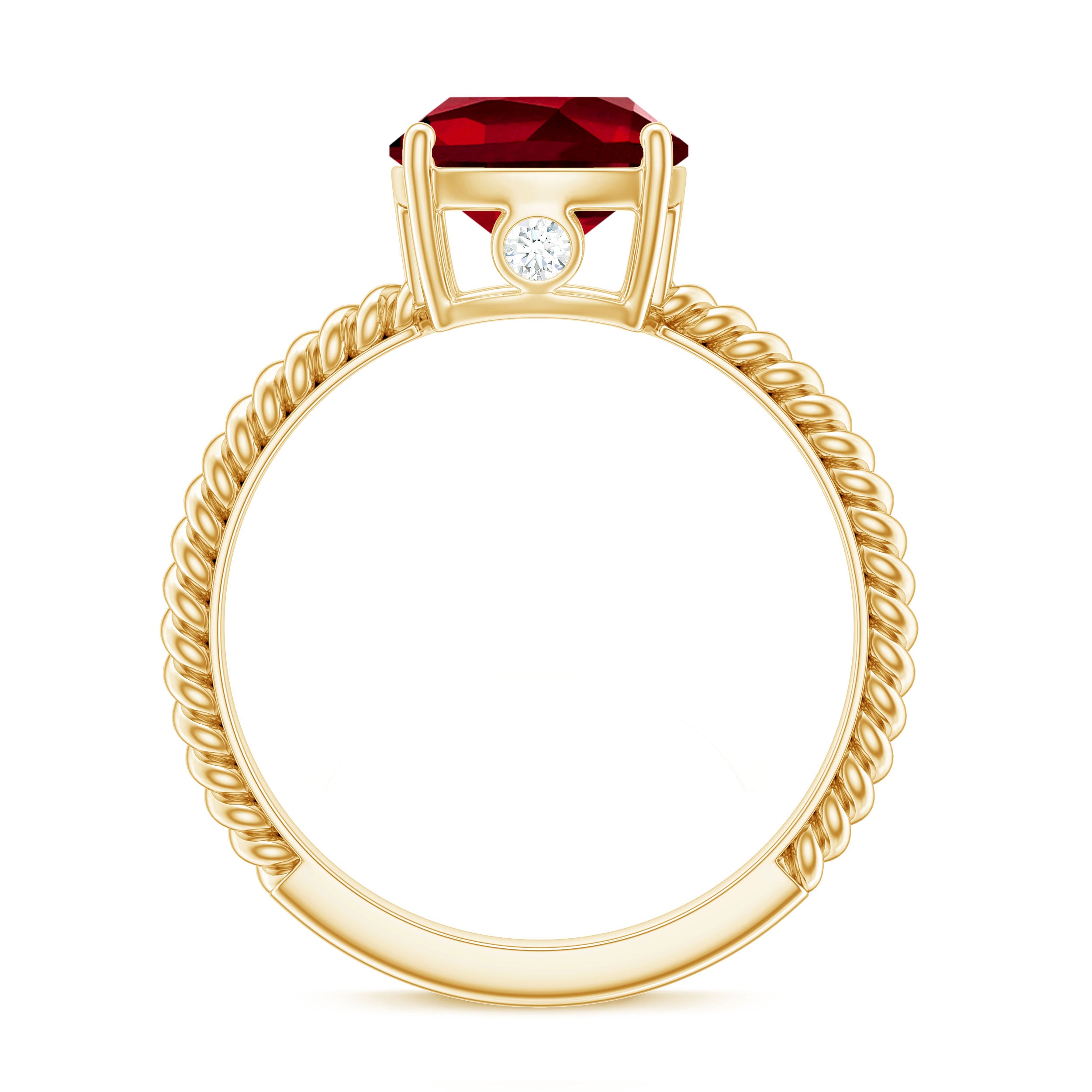 Solitaire Created Ruby and Diamond Ring with Twisted Rope Detailing Lab Created Ruby - ( AAAA ) - Quality - Rosec Jewels