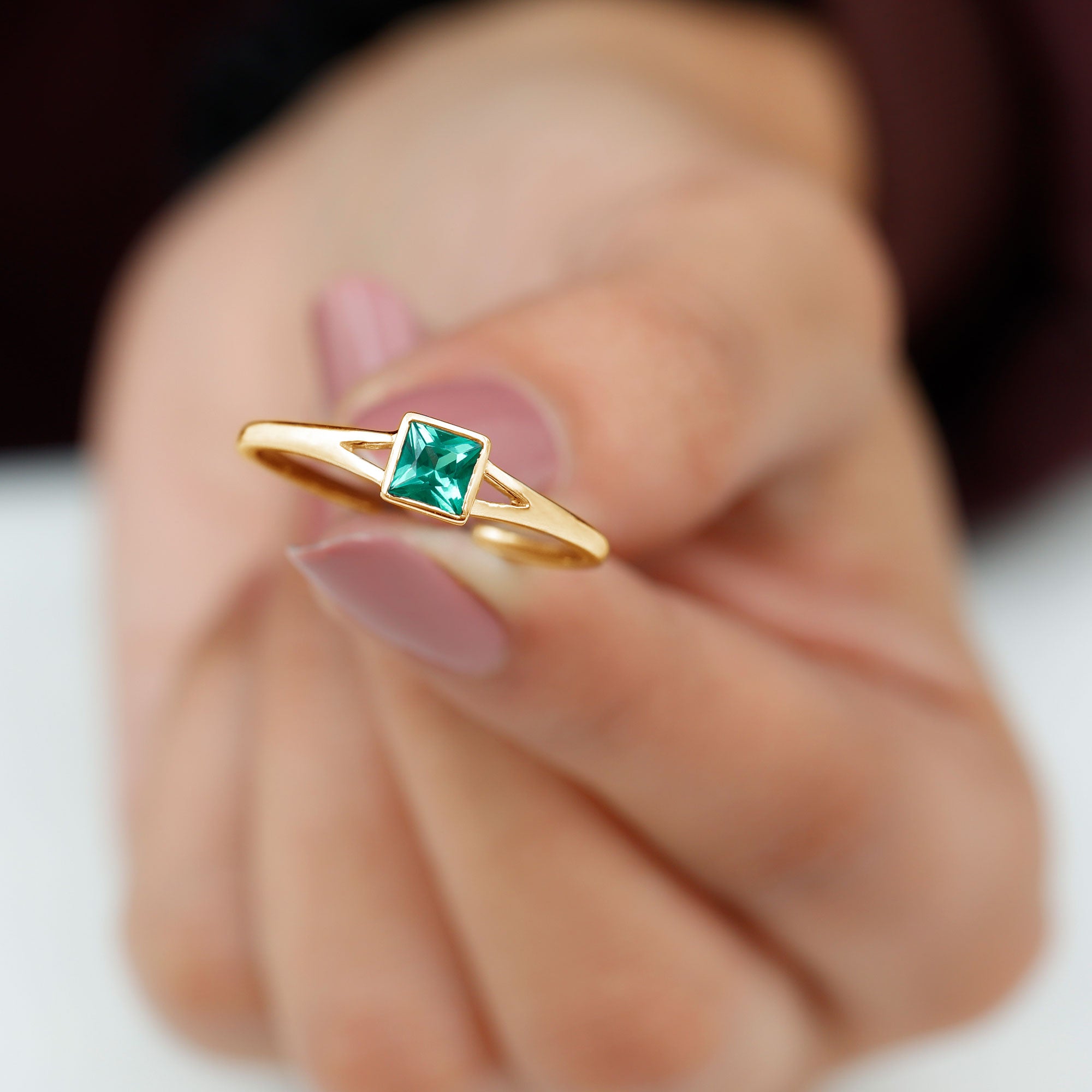 Princess Cut Lab Grown Emerald Solitaire Ring with Split Shank Lab Created Emerald - ( AAAA ) - Quality - Rosec Jewels