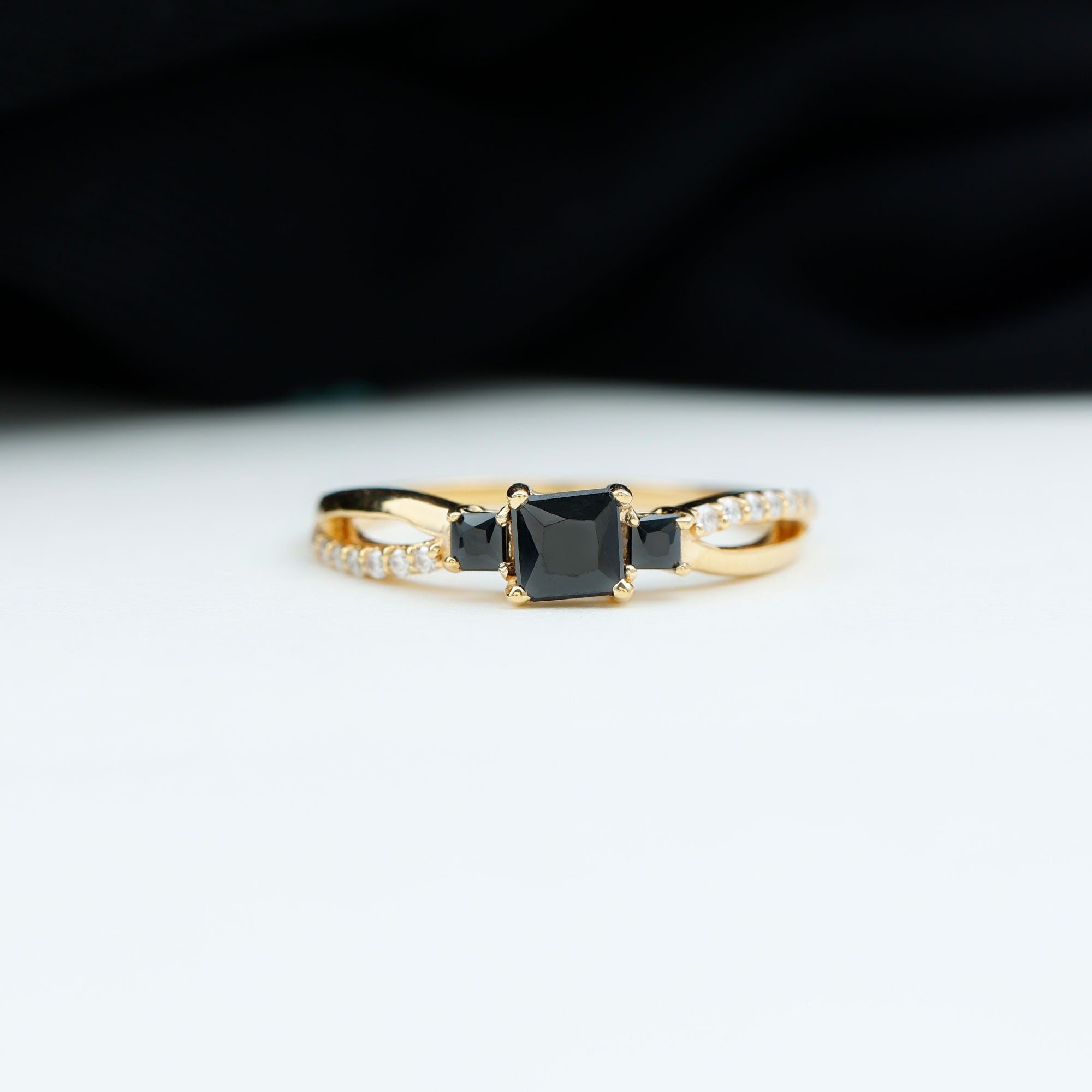 Princess Cut Three Stone Black Onyx Infinity Ring with Diamond Black Onyx - ( AAA ) - Quality - Rosec Jewels