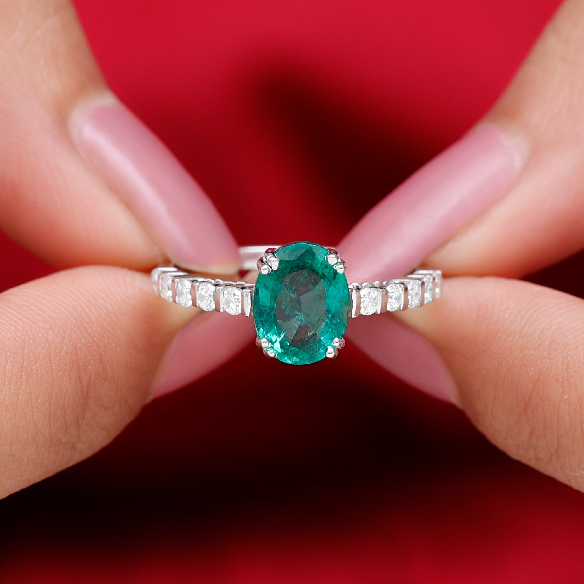 2.5 CT Oval Created Emerald Solitaire Engagement Ring with Diamond Lab Created Emerald - ( AAAA ) - Quality - Rosec Jewels