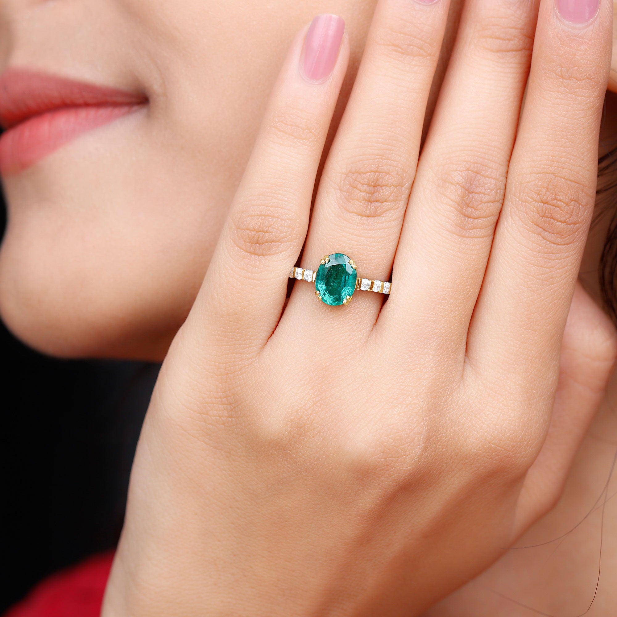 2.5 CT Oval Created Emerald Solitaire Engagement Ring with Diamond Lab Created Emerald - ( AAAA ) - Quality - Rosec Jewels