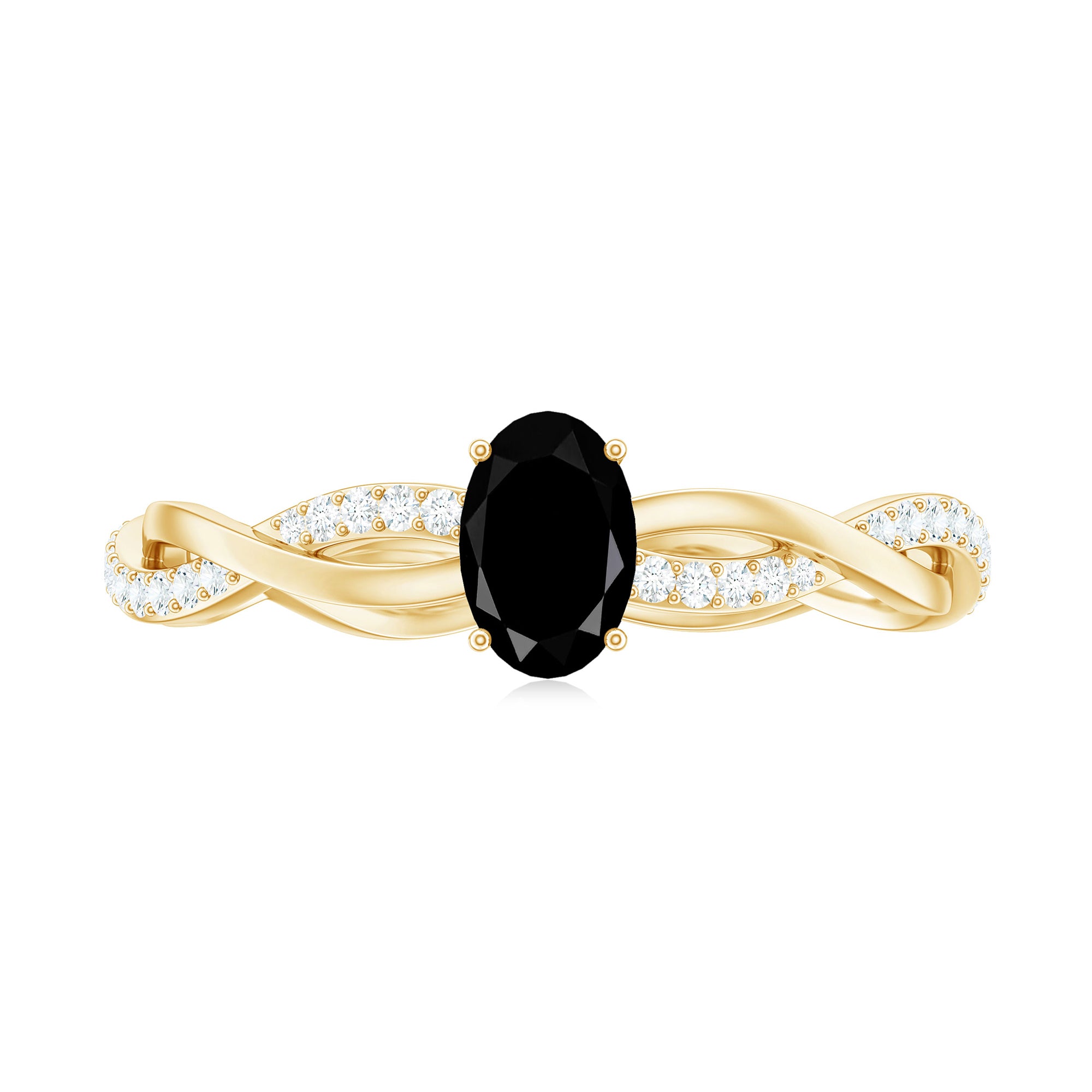 Oval Cut Black Diamond Solitaire Braided Gold Ring with White Diamond Black Diamond - ( AAA ) - Quality - Rosec Jewels