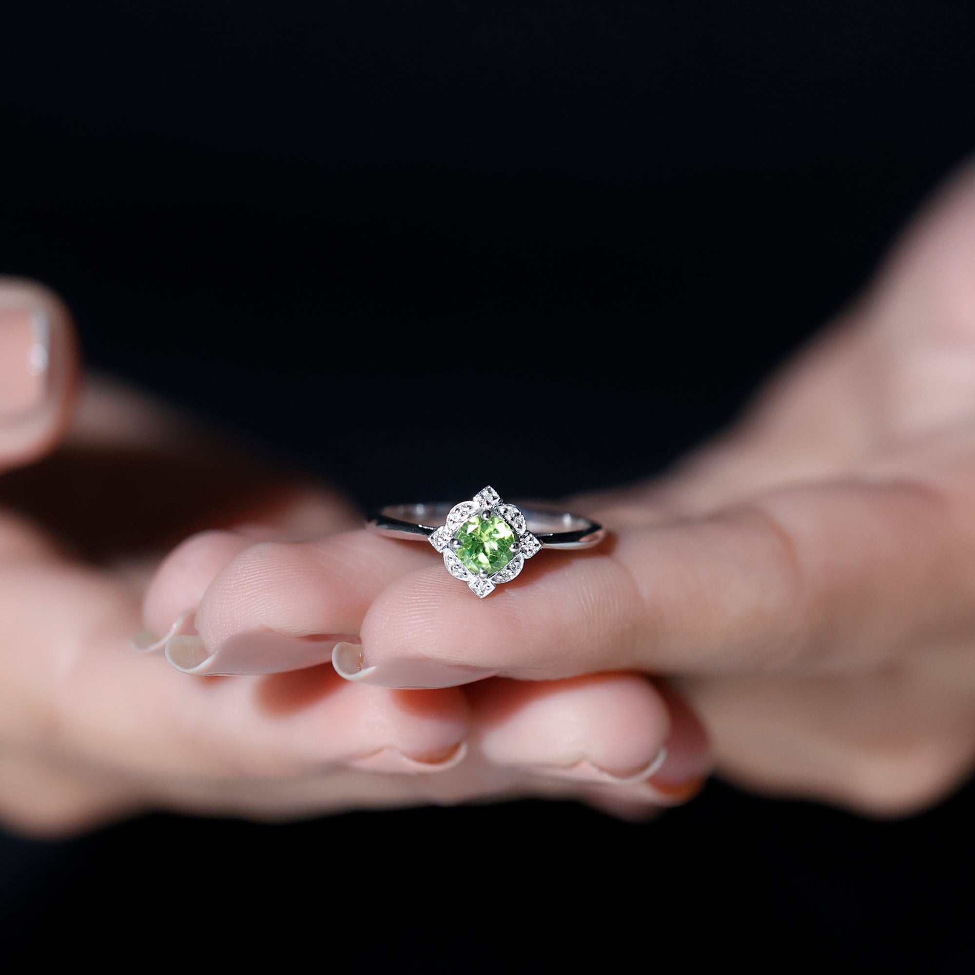 Vintage Inspired Round Peridot and Diamond Engagement Ring Peridot - ( AAA ) - Quality - Rosec Jewels