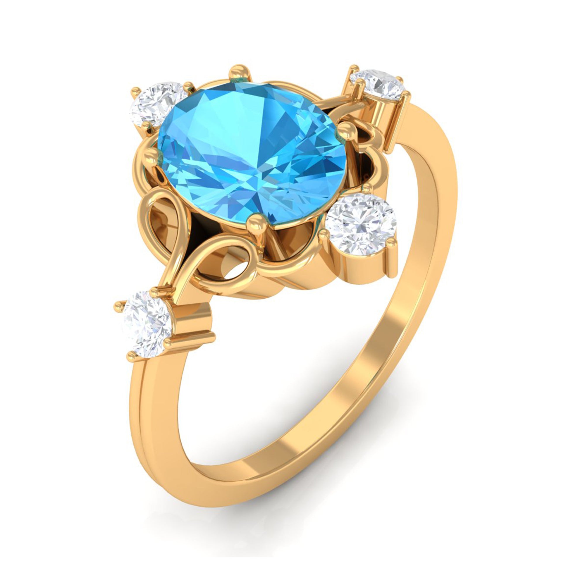 Oval Swiss Blue Topaz Cocktail Ring with Diamond Swiss Blue Topaz - ( AAA ) - Quality - Rosec Jewels