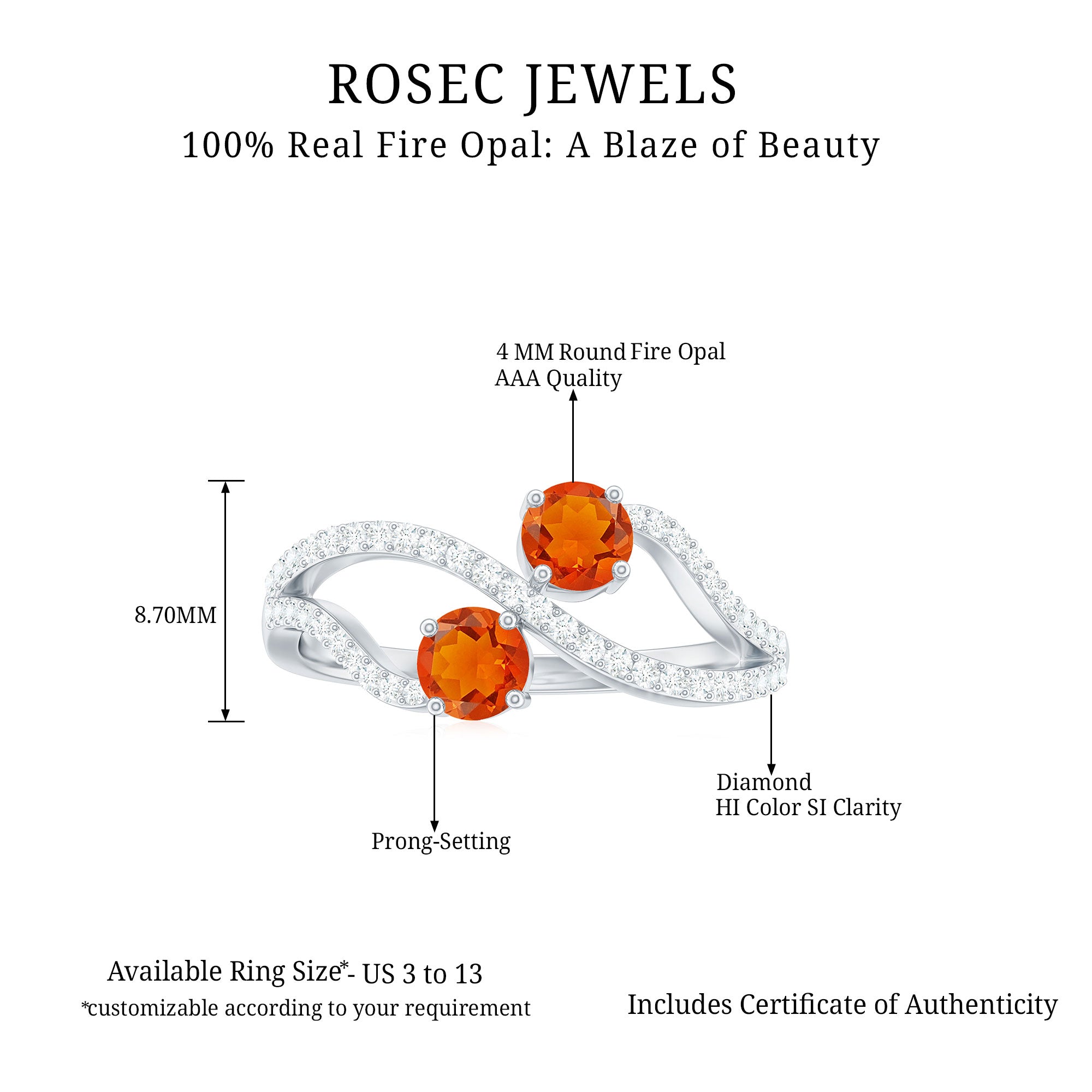 3/4 CT Minimal Fire Opal and Diamond Engagement Ring Fire Opal - ( AAA ) - Quality - Rosec Jewels