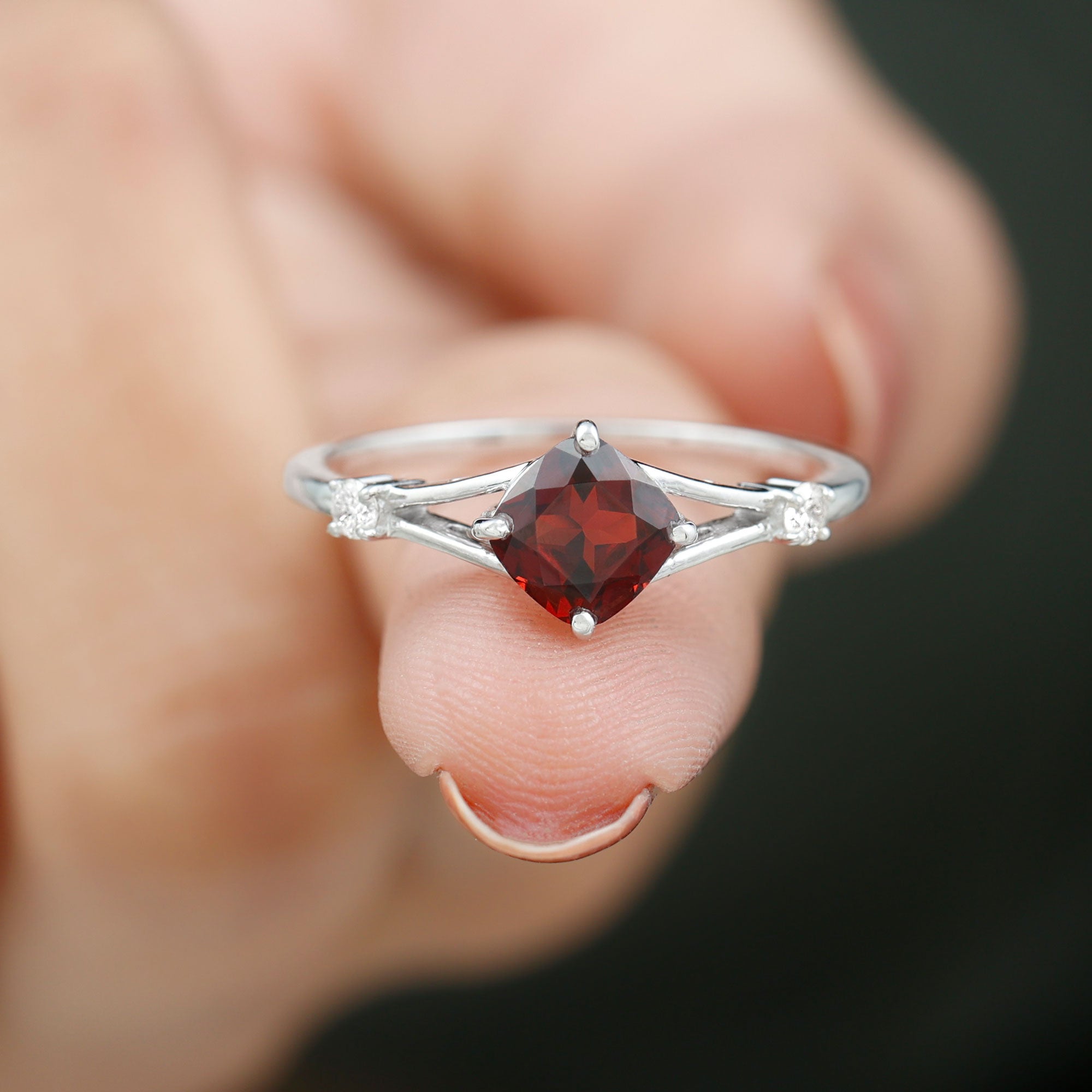 Cushion Cut Garnet Solitaire Split Shank Ring with Diamond Garnet - ( AAA ) - Quality - Rosec Jewels