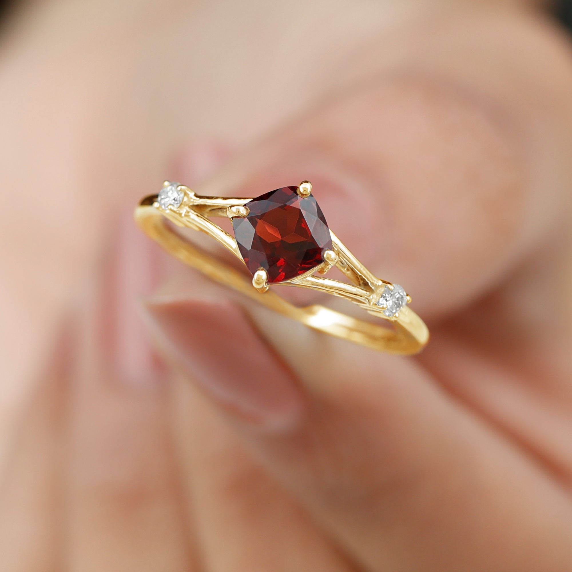 Cushion Cut Garnet Solitaire Split Shank Ring with Diamond Garnet - ( AAA ) - Quality - Rosec Jewels