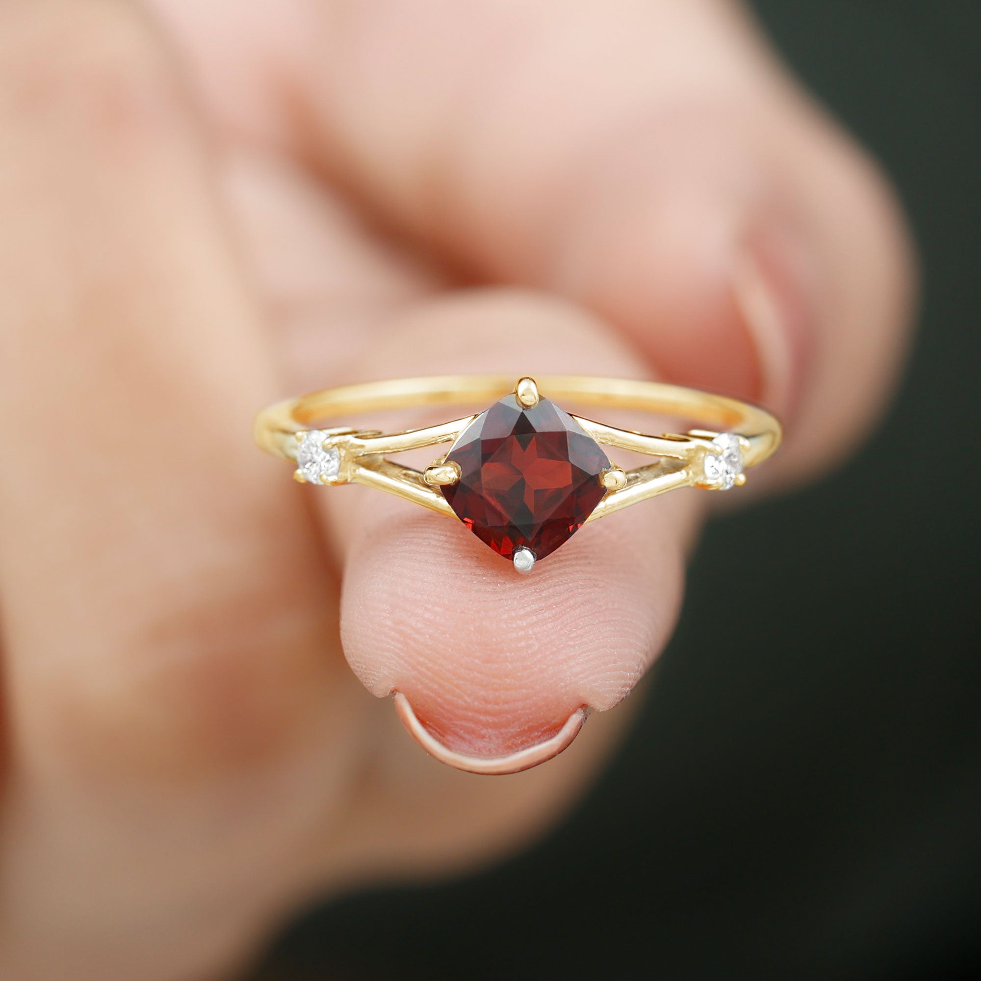 Cushion Cut Garnet Solitaire Split Shank Ring with Diamond Garnet - ( AAA ) - Quality - Rosec Jewels