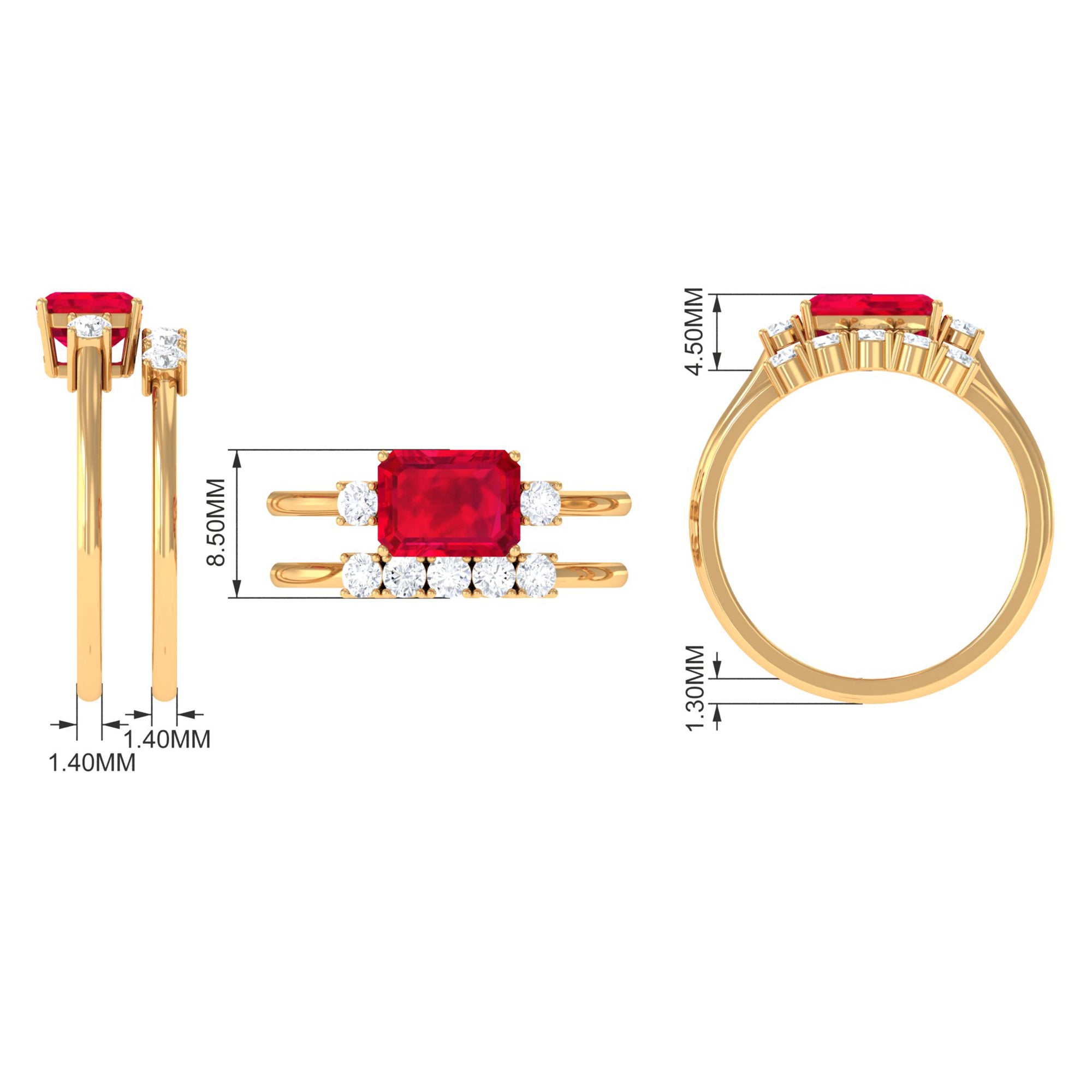 Emerald Cut Created Ruby Contemporary Wedding Ring Set with Diamond Lab Created Ruby - ( AAAA ) - Quality - Rosec Jewels