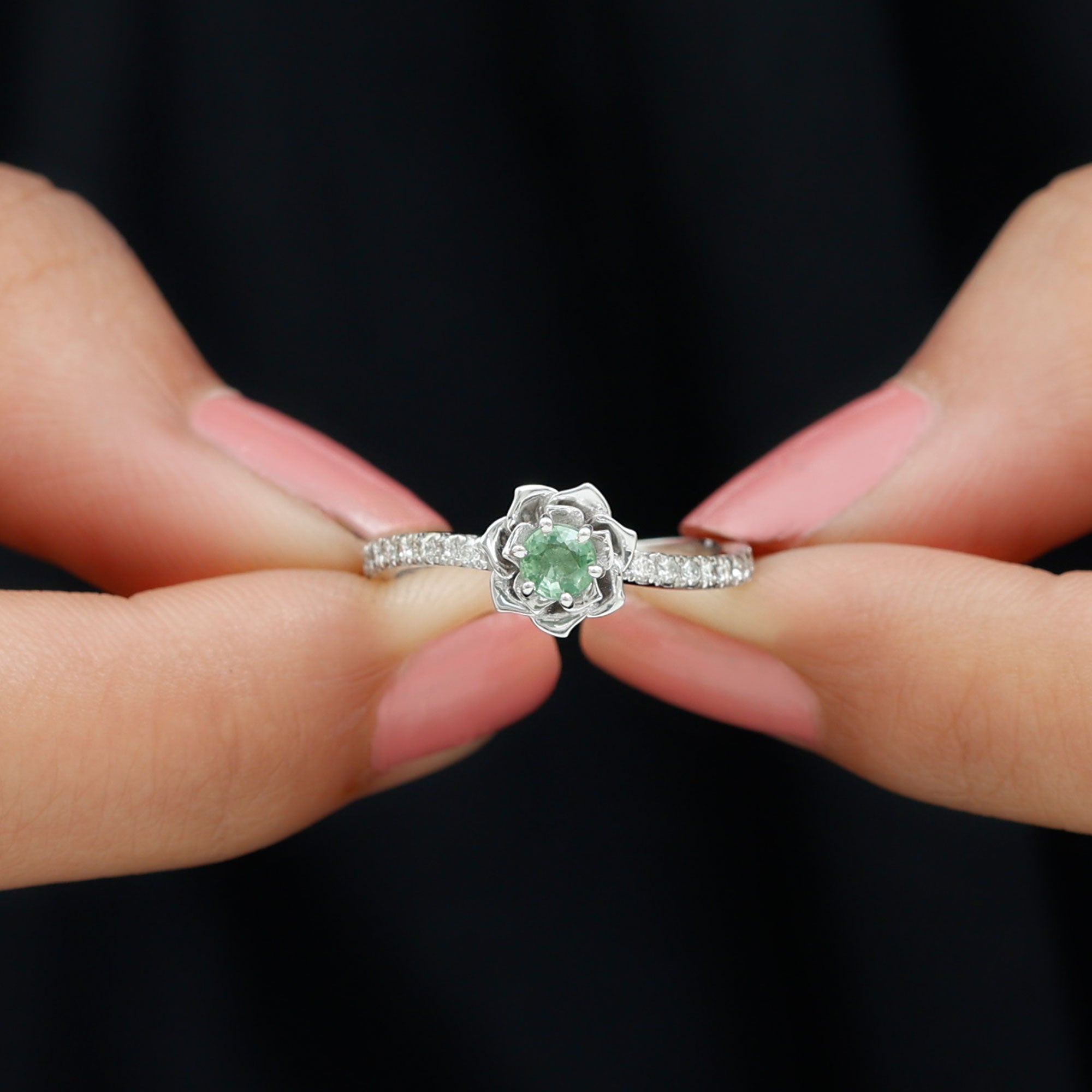 Green Sapphire and Diamond Flower Engagement Ring Green Sapphire - ( AAA ) - Quality - Rosec Jewels