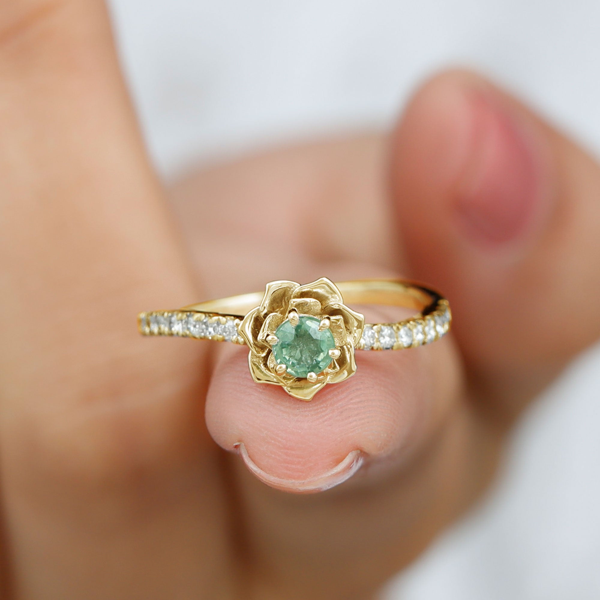 Green Sapphire and Diamond Flower Engagement Ring Green Sapphire - ( AAA ) - Quality - Rosec Jewels