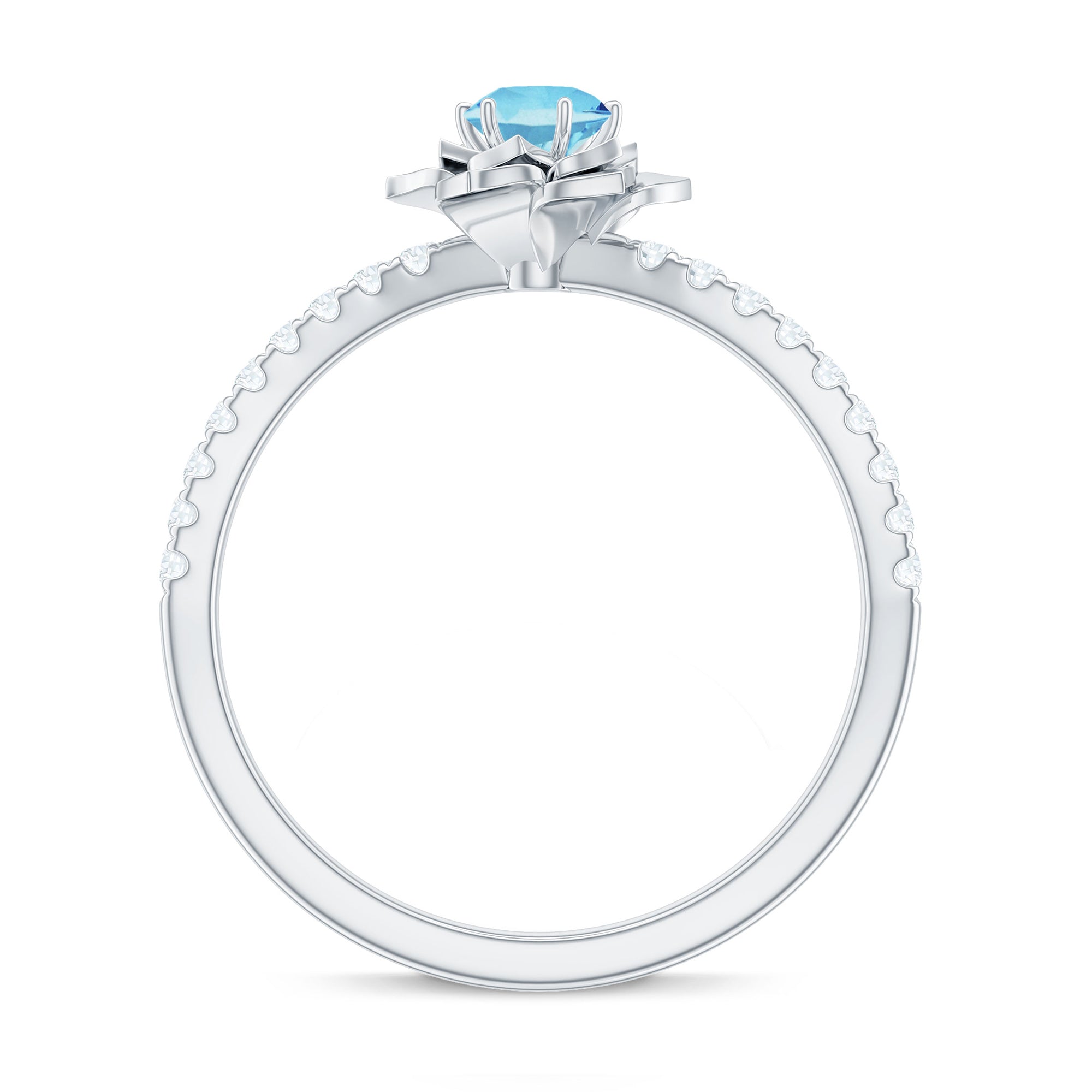 Floral Inspired Aquamarine Rose Engagement Ring with Diamond Aquamarine - ( AAA ) - Quality - Rosec Jewels