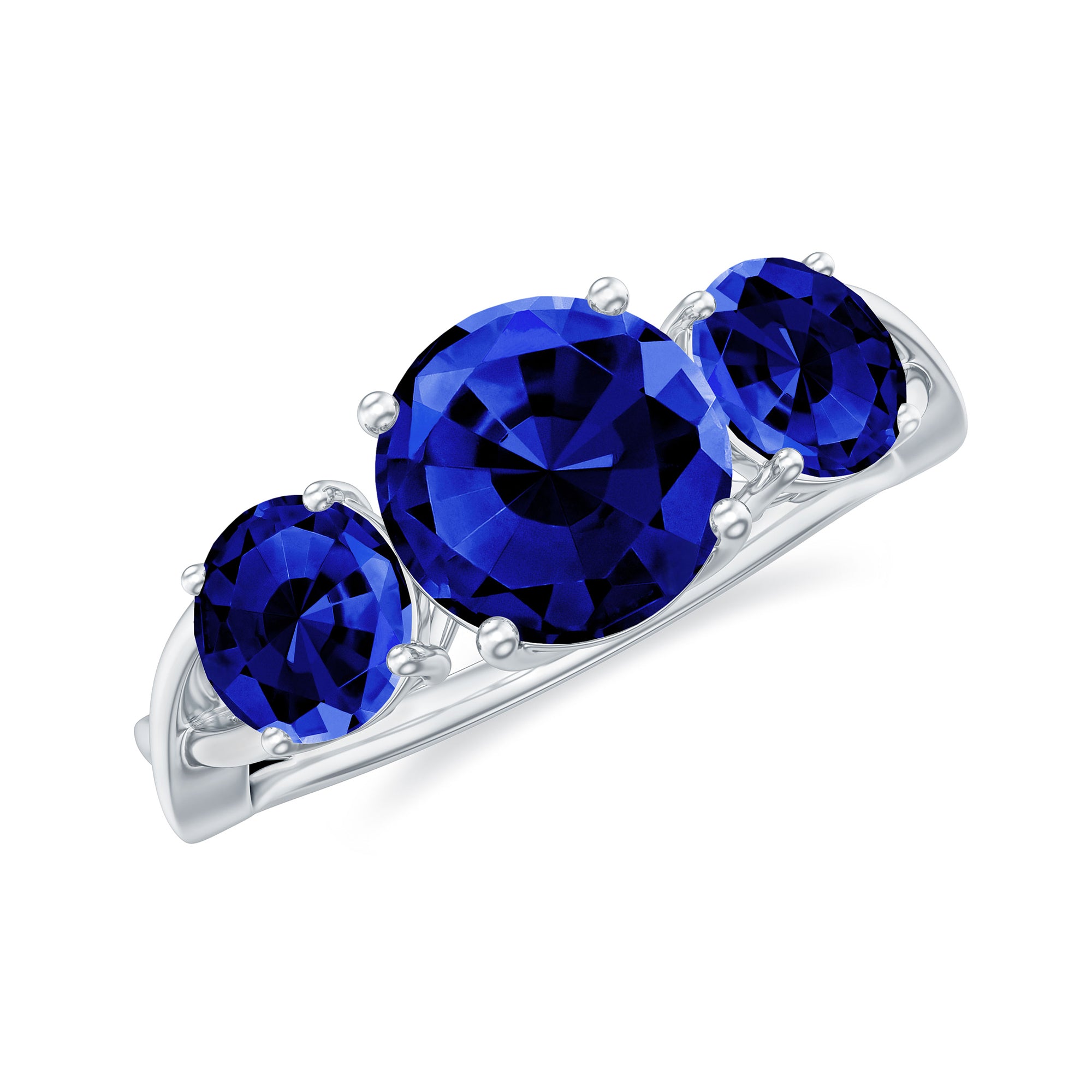 3 CT Lab Created Blue Sapphire Three Stone Engagement Ring Lab Created Blue Sapphire - ( AAAA ) - Quality - Rosec Jewels