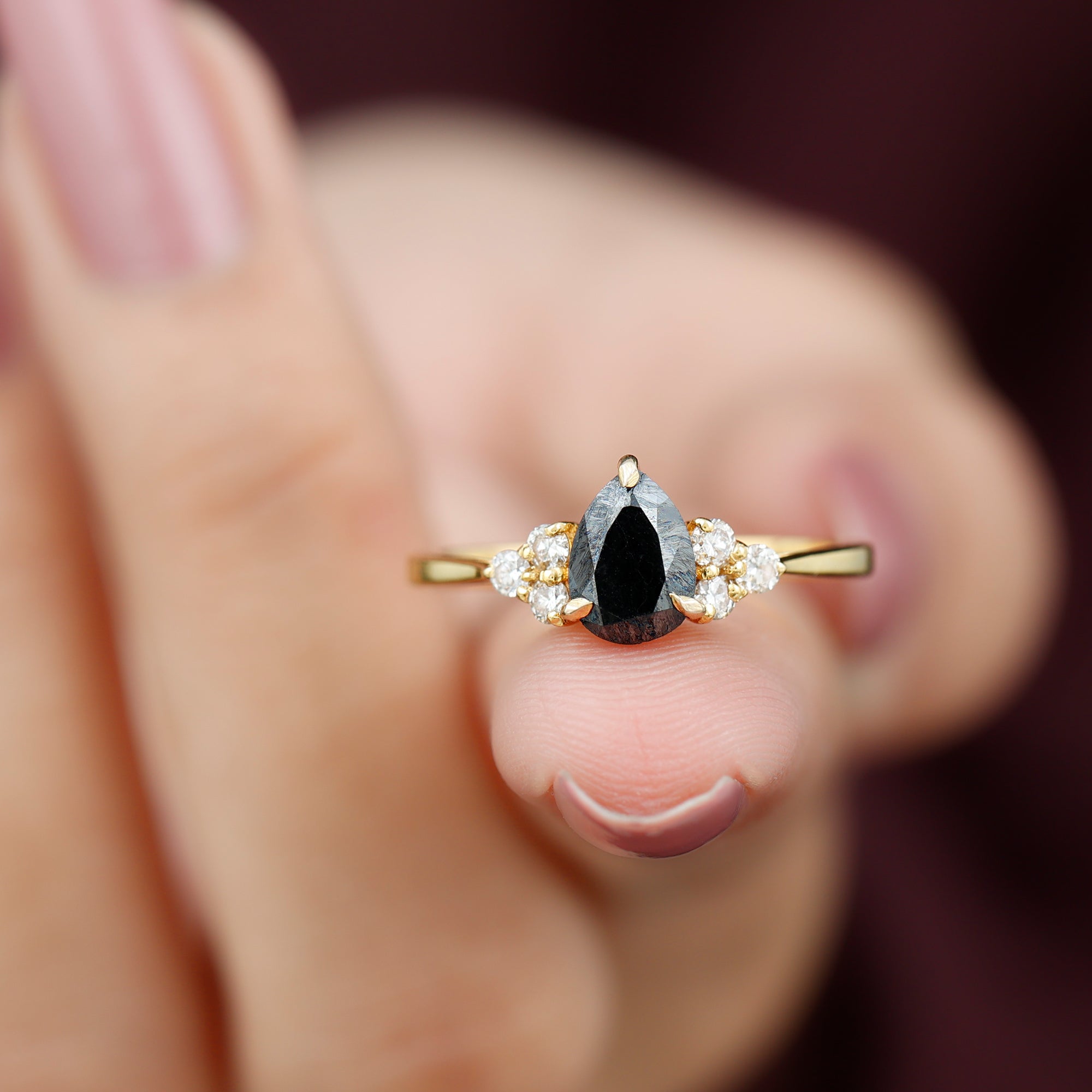 Pear Shaped Black Diamond and Diamond Solitaire Trio Ring Black Diamond - ( AAA ) - Quality - Rosec Jewels