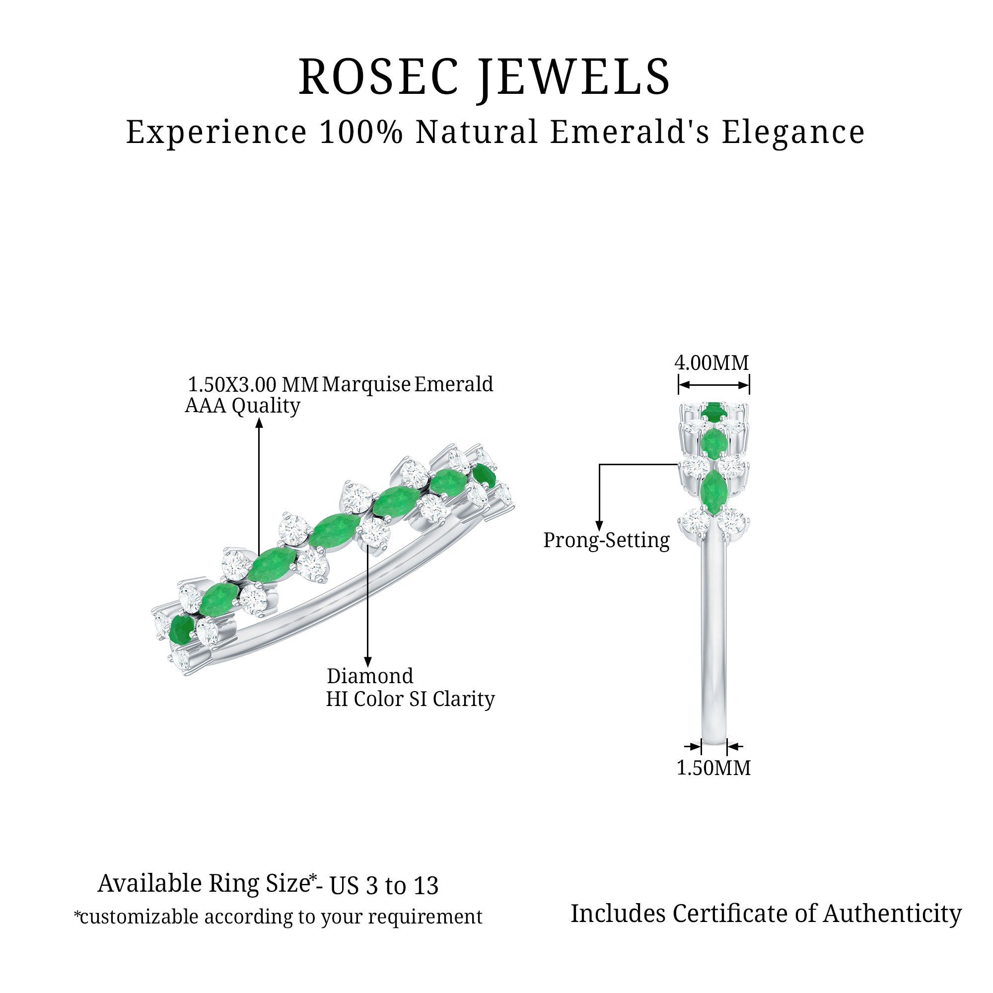 Green Emerald and Diamond Half Eternity Ring Emerald - ( AAA ) - Quality - Rosec Jewels