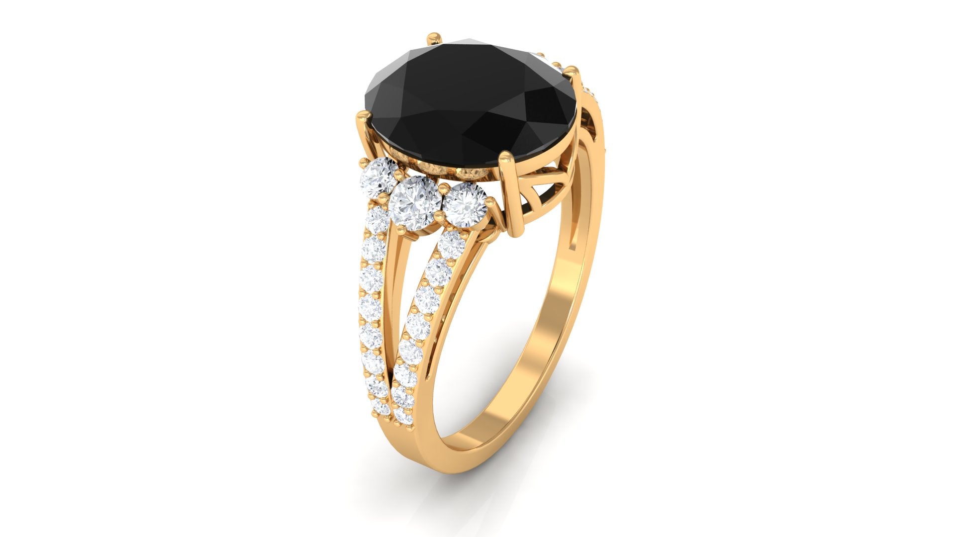 Oval Created Black Diamond Engagement Ring with Diamond Split Shank Lab Created Black Diamond - ( AAAA ) - Quality - Rosec Jewels