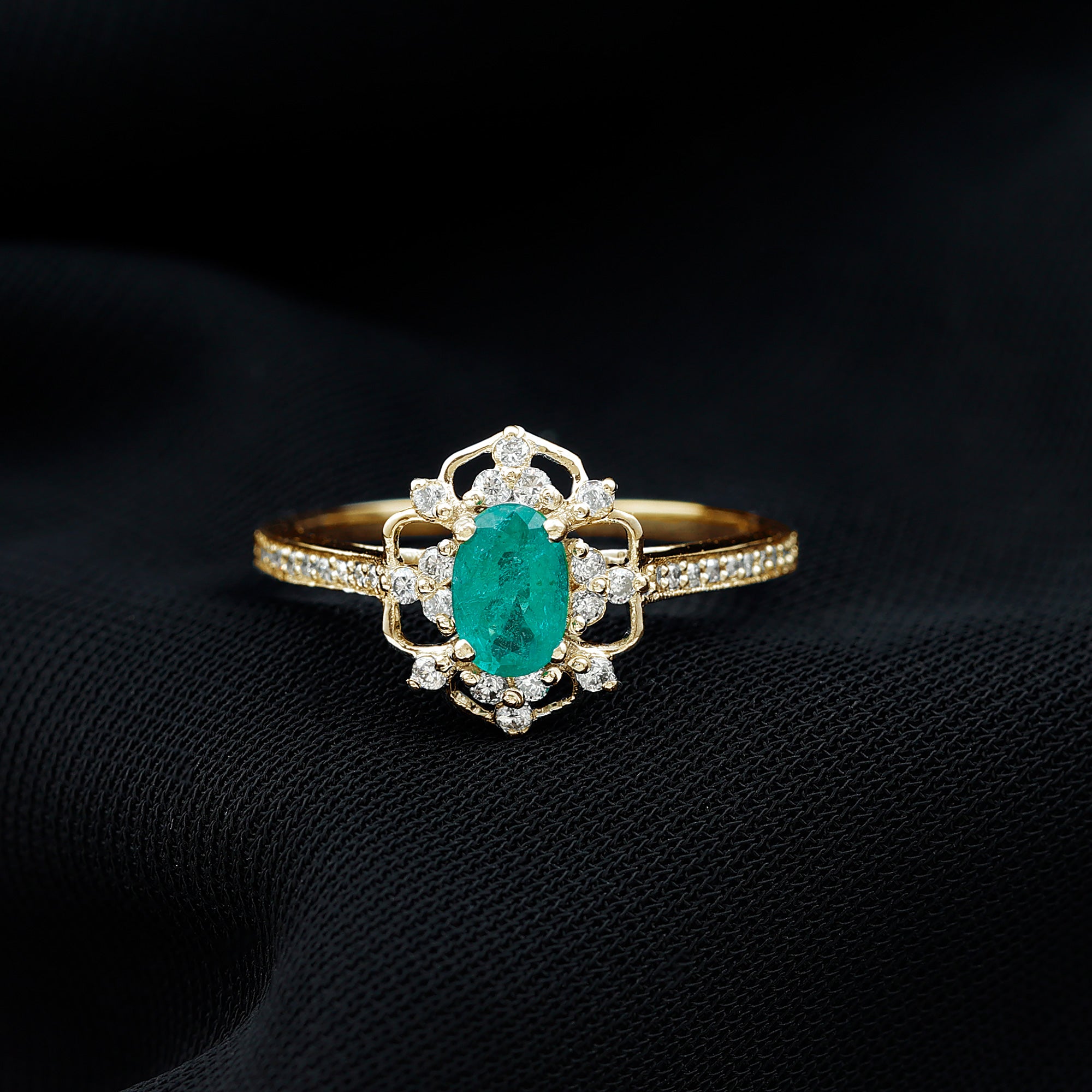 Vintage Style Emerald and Diamond Flower Engagement Ring Emerald - ( AAA ) - Quality - Rosec Jewels