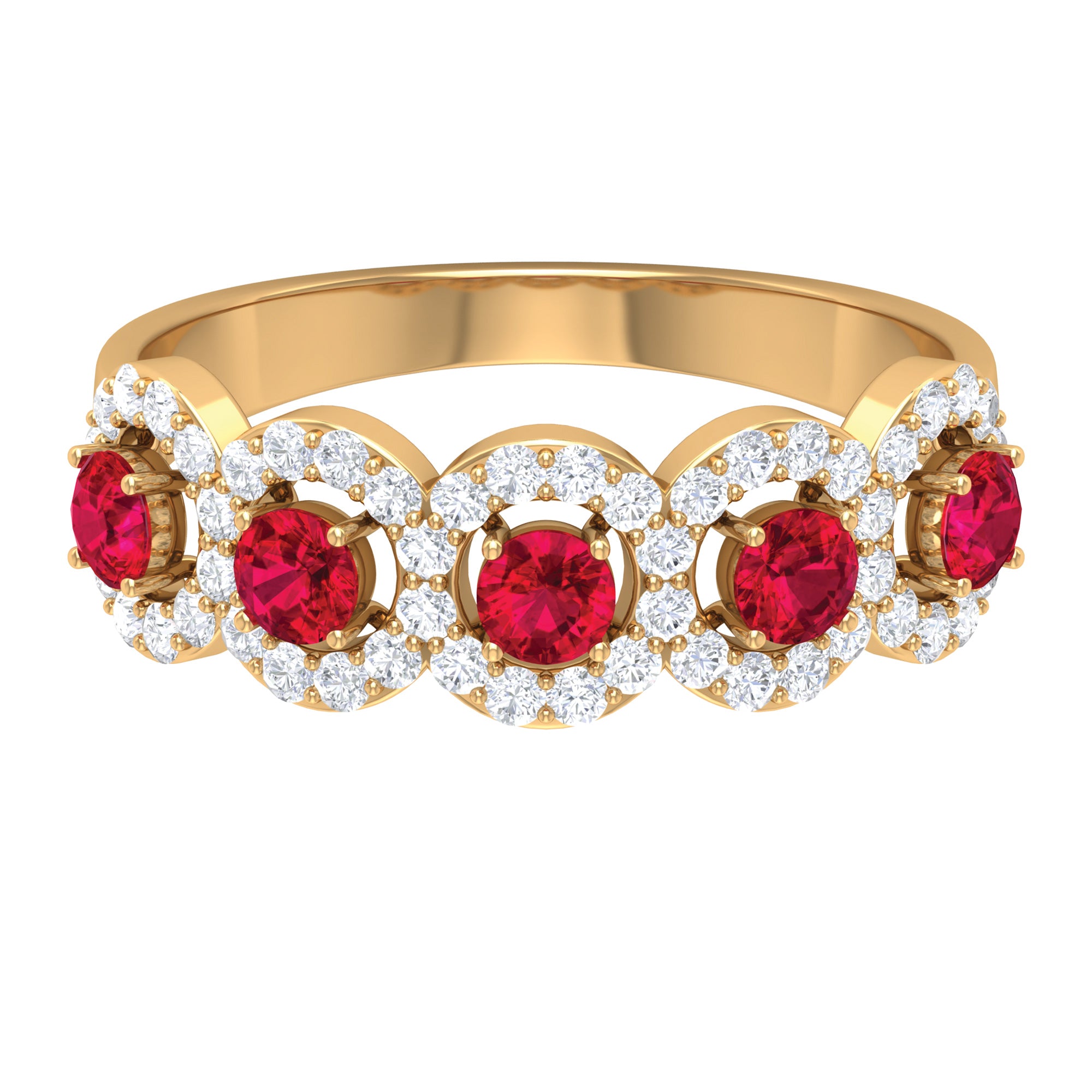 Classic Lab Grown Ruby and Diamond Halo Half Eternity Ring Lab Created Ruby - ( AAAA ) - Quality - Rosec Jewels