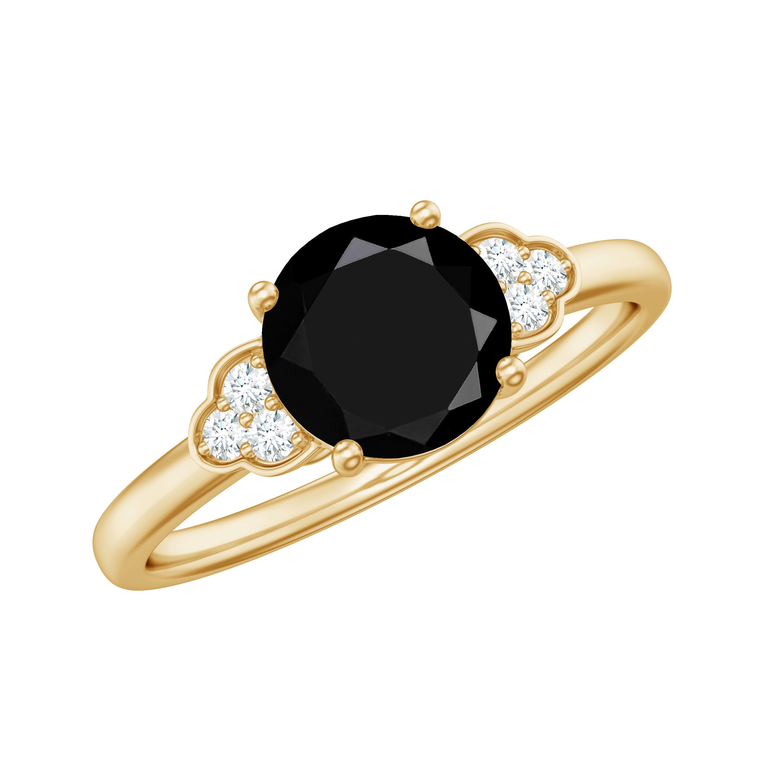 Real Black Onyx Solitaire Engagement Ring with Diamond Trio Black Onyx - ( AAA ) - Quality - Rosec Jewels