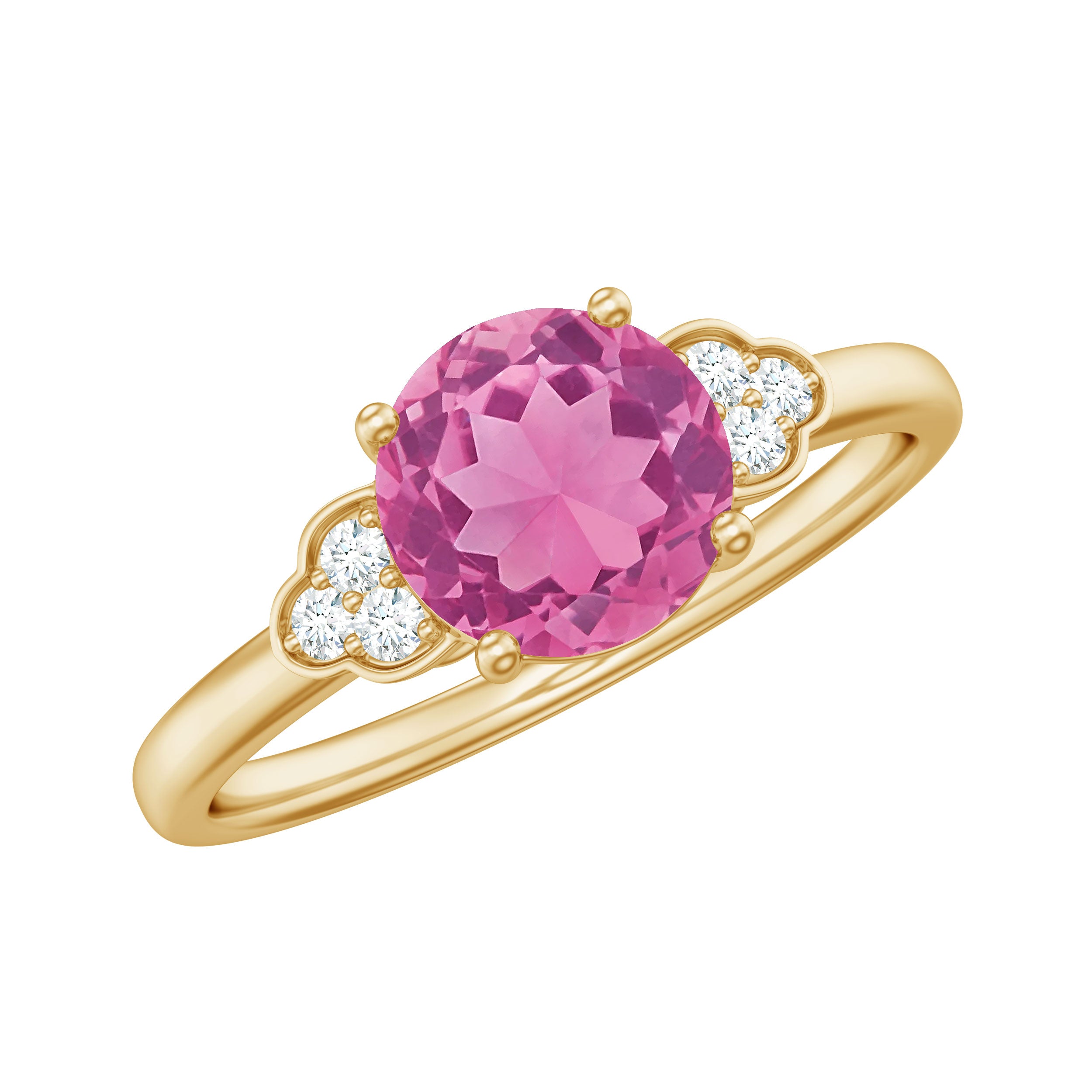 Round Pink Tourmaline Solitaire Engagement Ring with Diamond Pink Tourmaline - ( AAA ) - Quality - Rosec Jewels