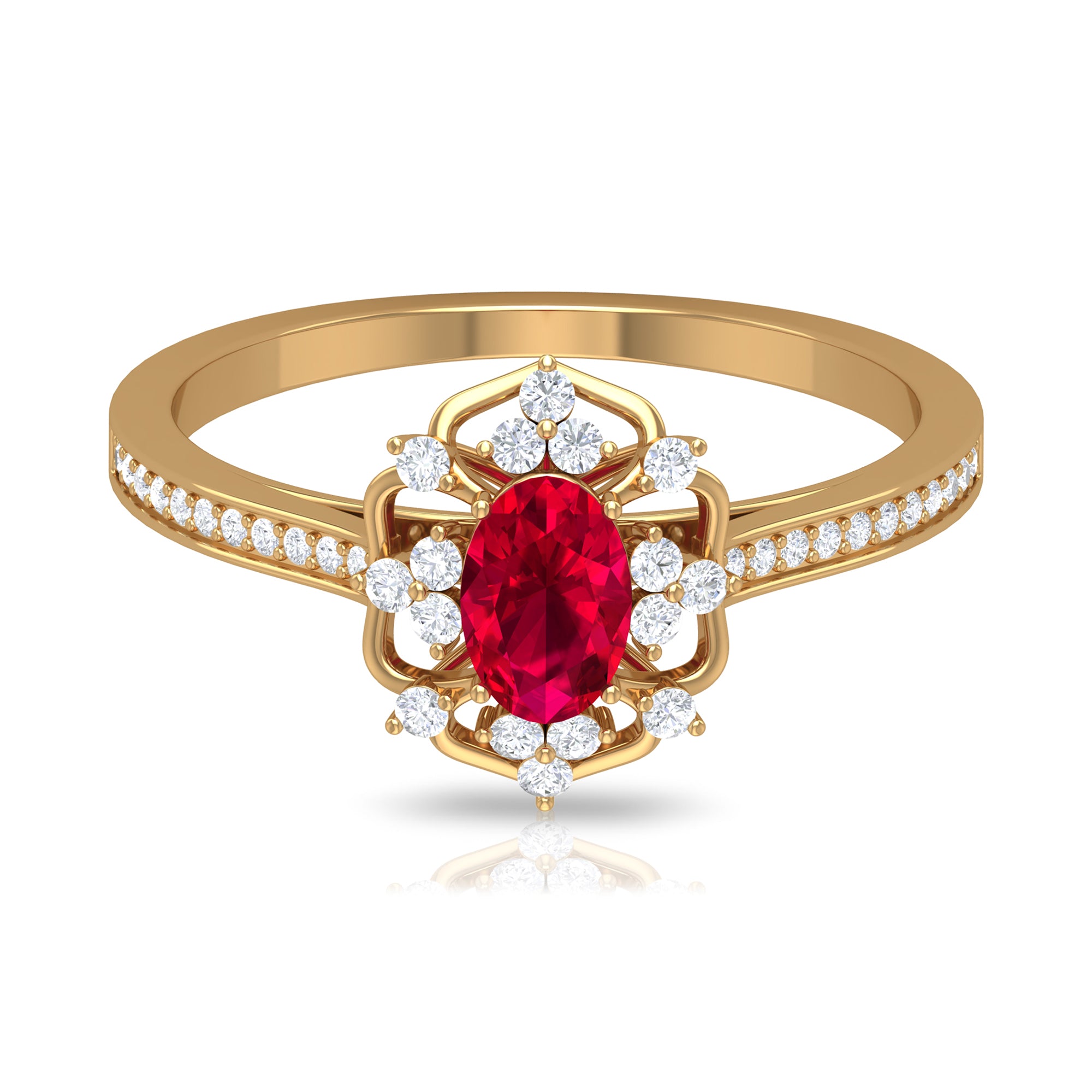 Vintage Style Created Ruby and Diamond Flower Engagement Ring Lab Created Ruby - ( AAAA ) - Quality - Rosec Jewels