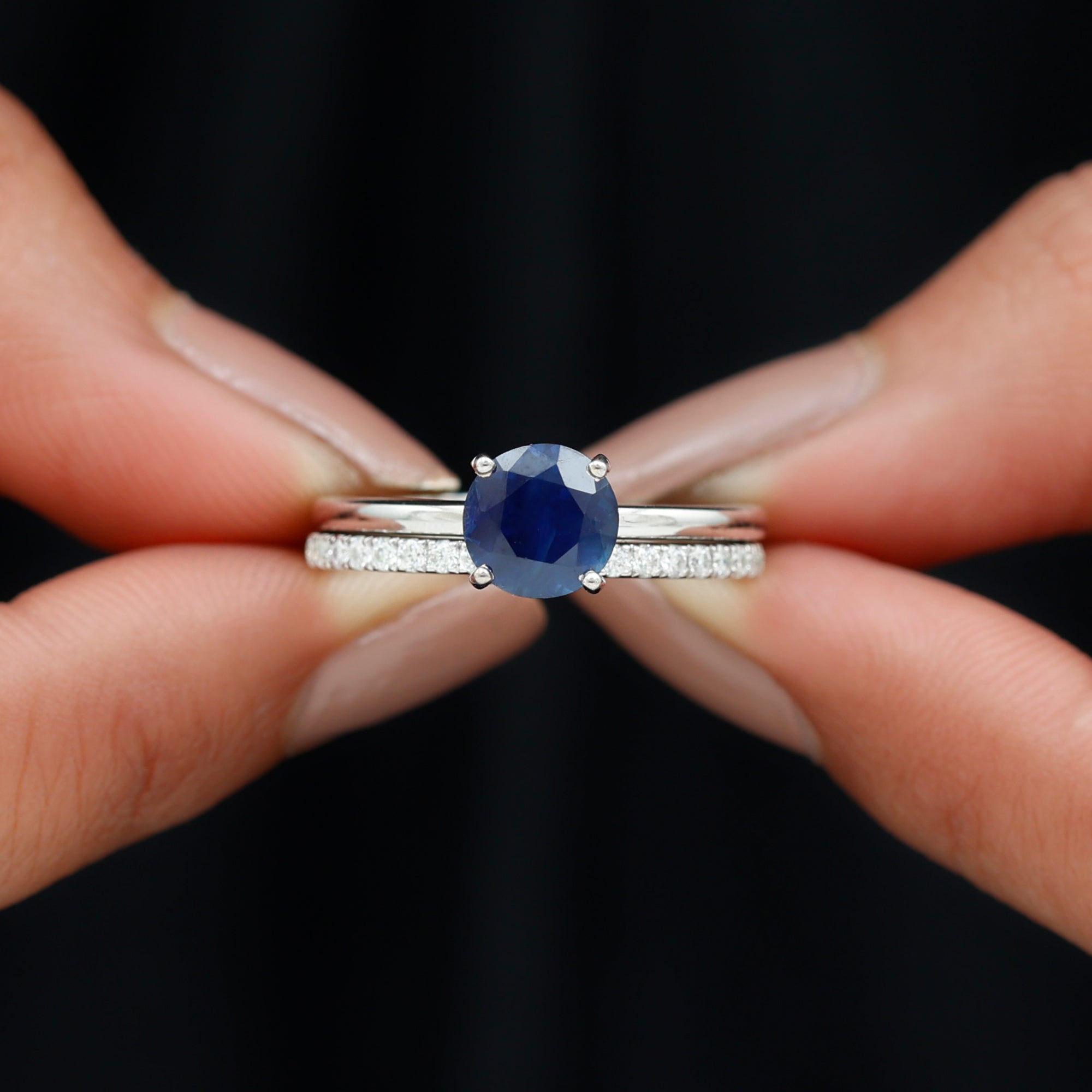 Created Blue Sapphire Solitaire Wedding Ring Set with Diamond Lab Created Blue Sapphire - ( AAAA ) - Quality - Rosec Jewels