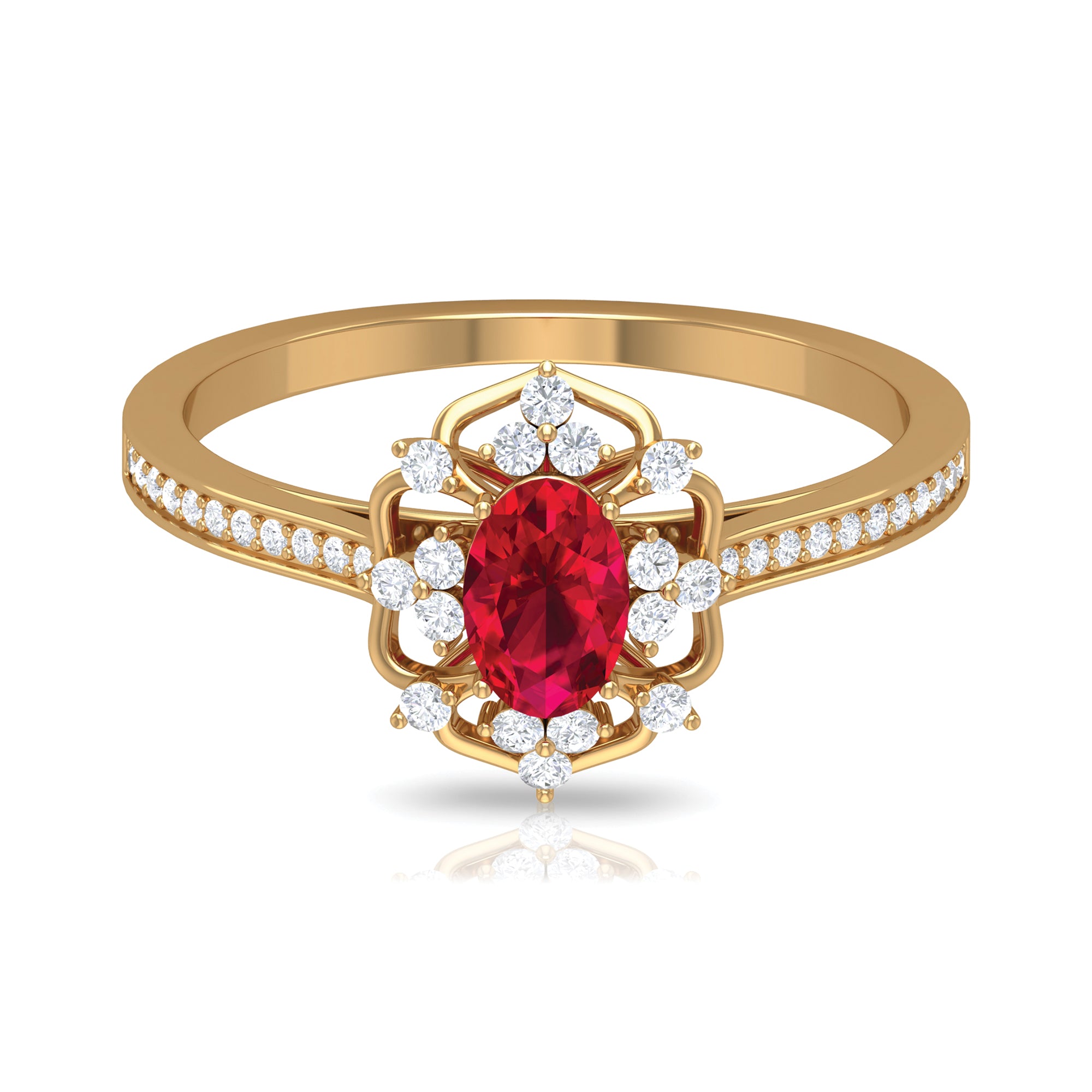 Flower Vintage Ruby Engagement Ring with Diamond Ruby - ( AAA ) - Quality - Rosec Jewels