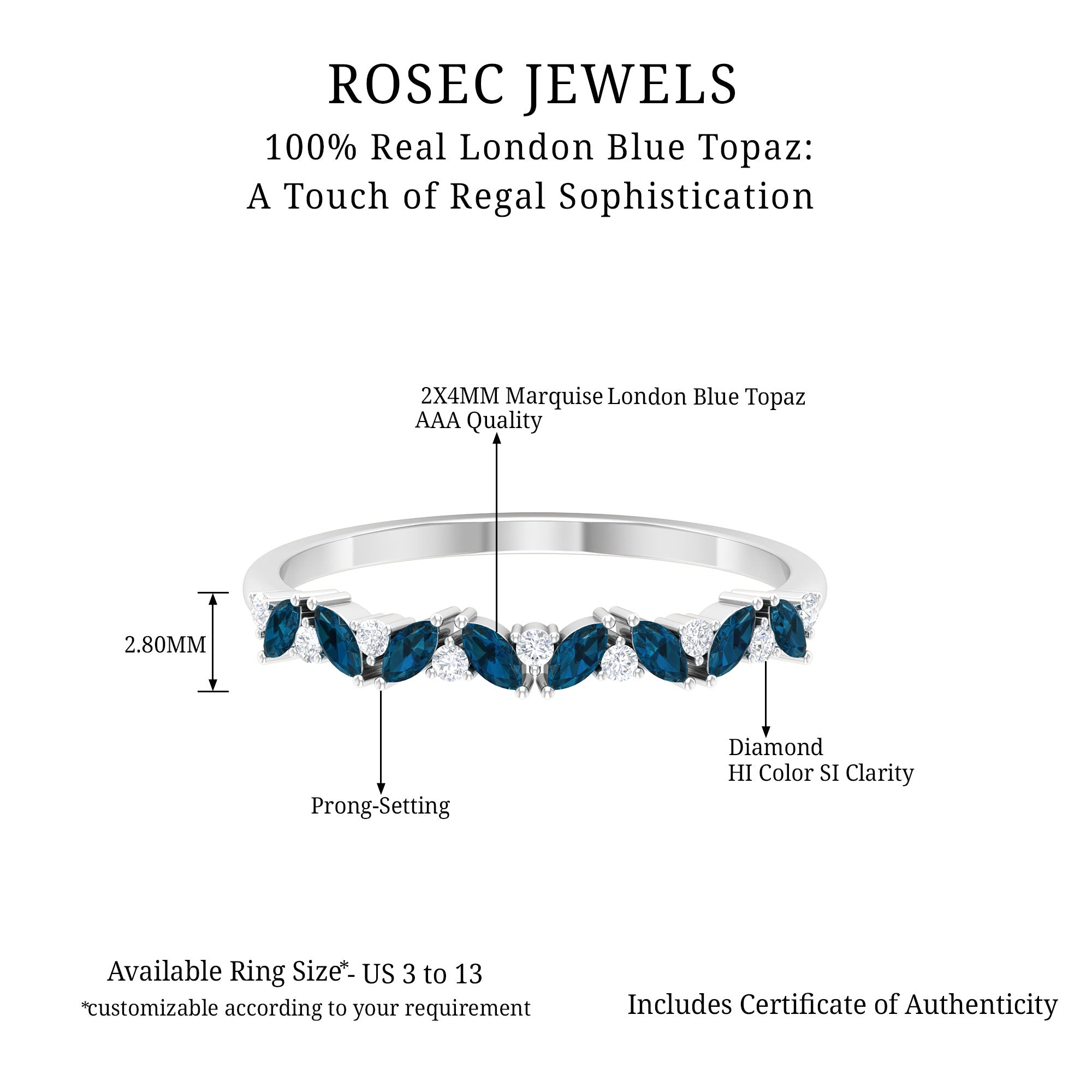 Marquise Cut London Blue Topaz and Round Shape Diamond Stackable Semi Eternity Ring London Blue Topaz - ( AAA ) - Quality - Rosec Jewels