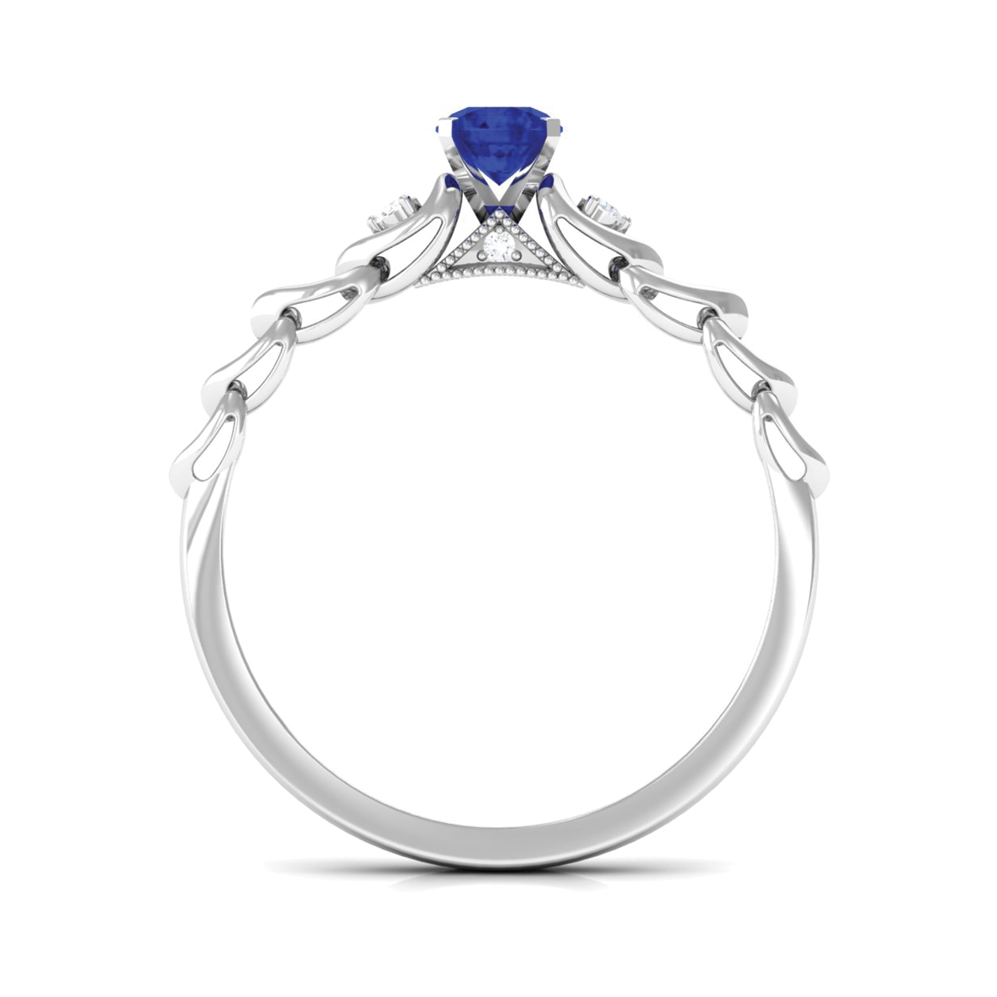 Round Created Blue Sapphire and Diamond Designer Promise Ring Lab Created Blue Sapphire - ( AAAA ) - Quality - Rosec Jewels