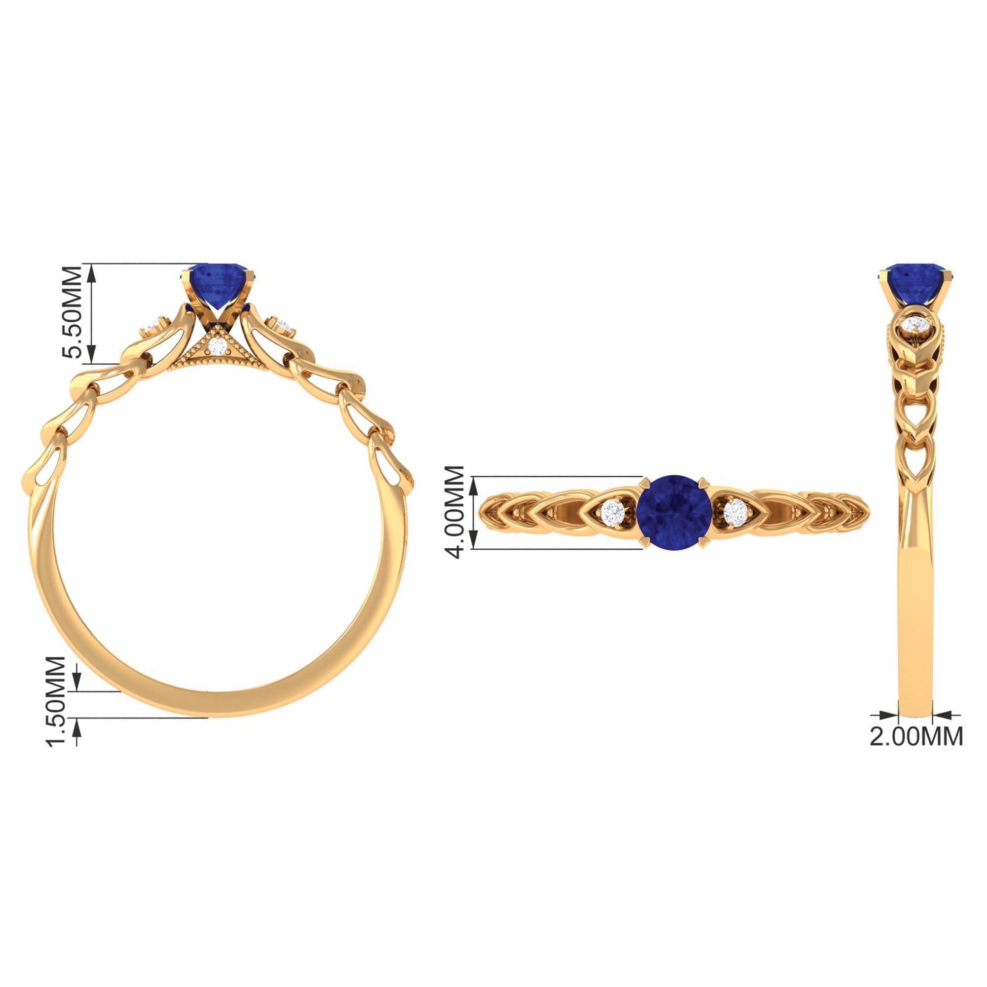 Round Created Blue Sapphire and Diamond Designer Promise Ring Lab Created Blue Sapphire - ( AAAA ) - Quality - Rosec Jewels