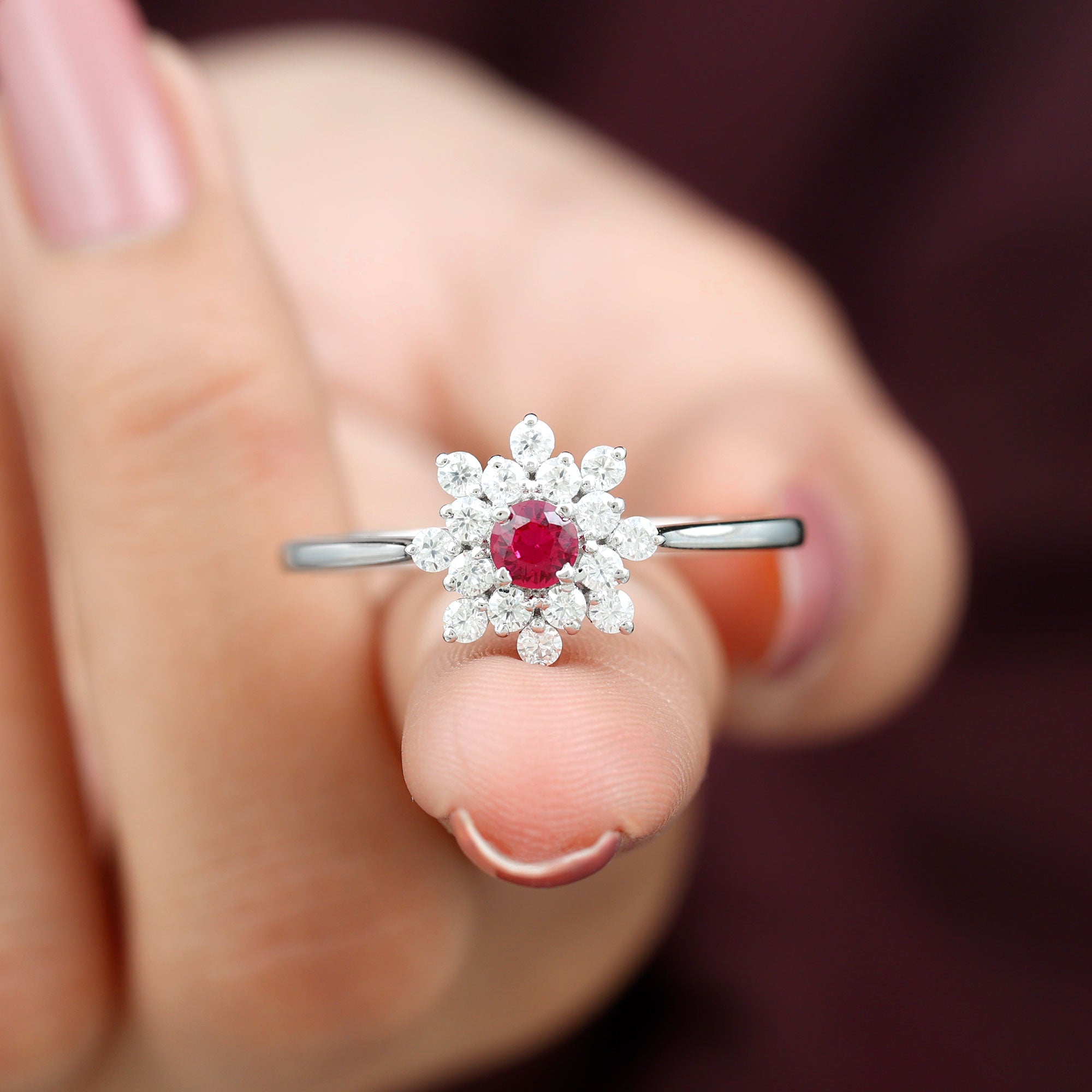 Lab Grown Ruby and Diamond Flower Cluster Engagement Ring Lab Created Ruby - ( AAAA ) - Quality - Rosec Jewels